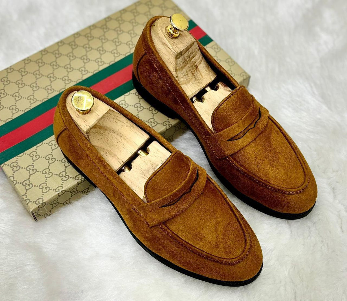 FunkyTradition Premium Suede Loafers for Men | Slip-On Penny Driving Shoes (Black & Tan)