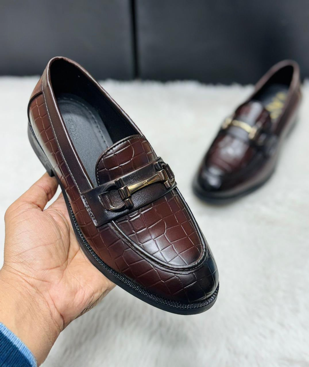 Men's Designer Crocodile Texture Loafers | Premium Faux Leather Black & Brown Slip-Ons (UK 6-10)