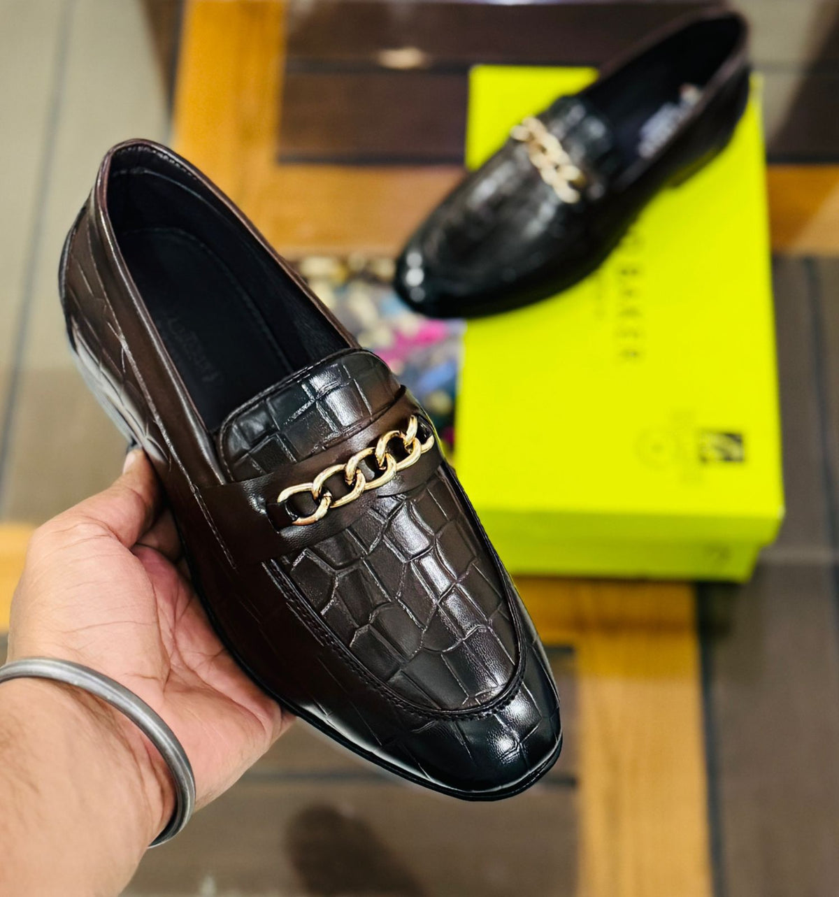 FunkyTradition Black & Brown Suede Faux Leather Chain Loafers