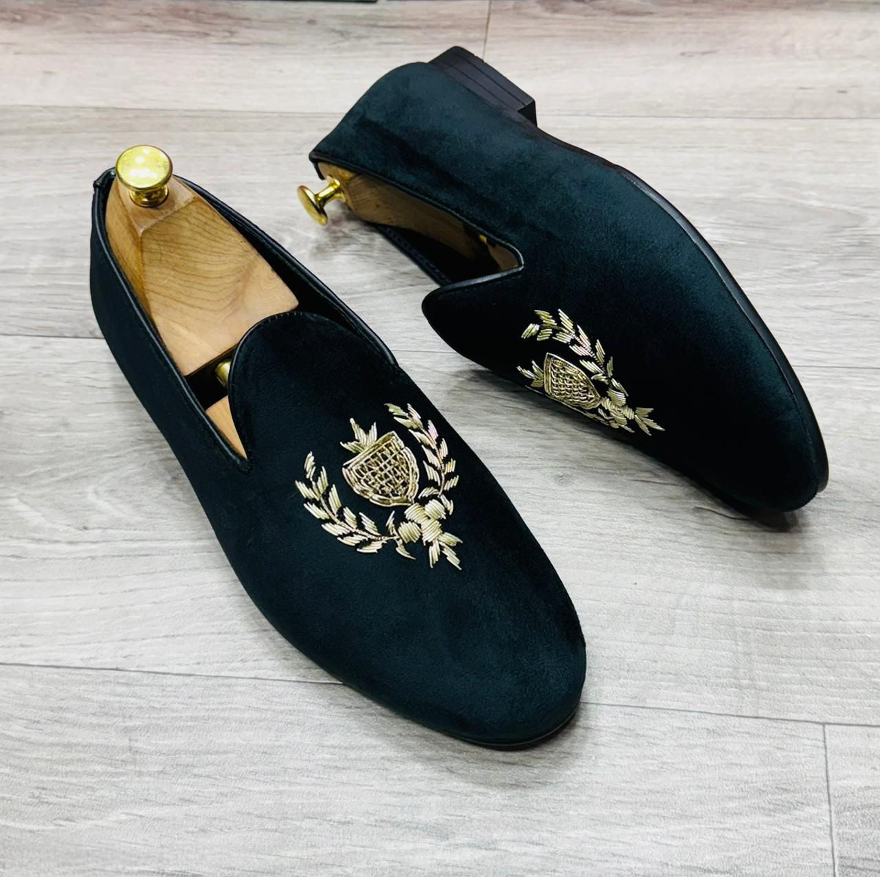 FunkyTradition Premium Greenish-Blue Velvet Loafers for Men | UK 6-10