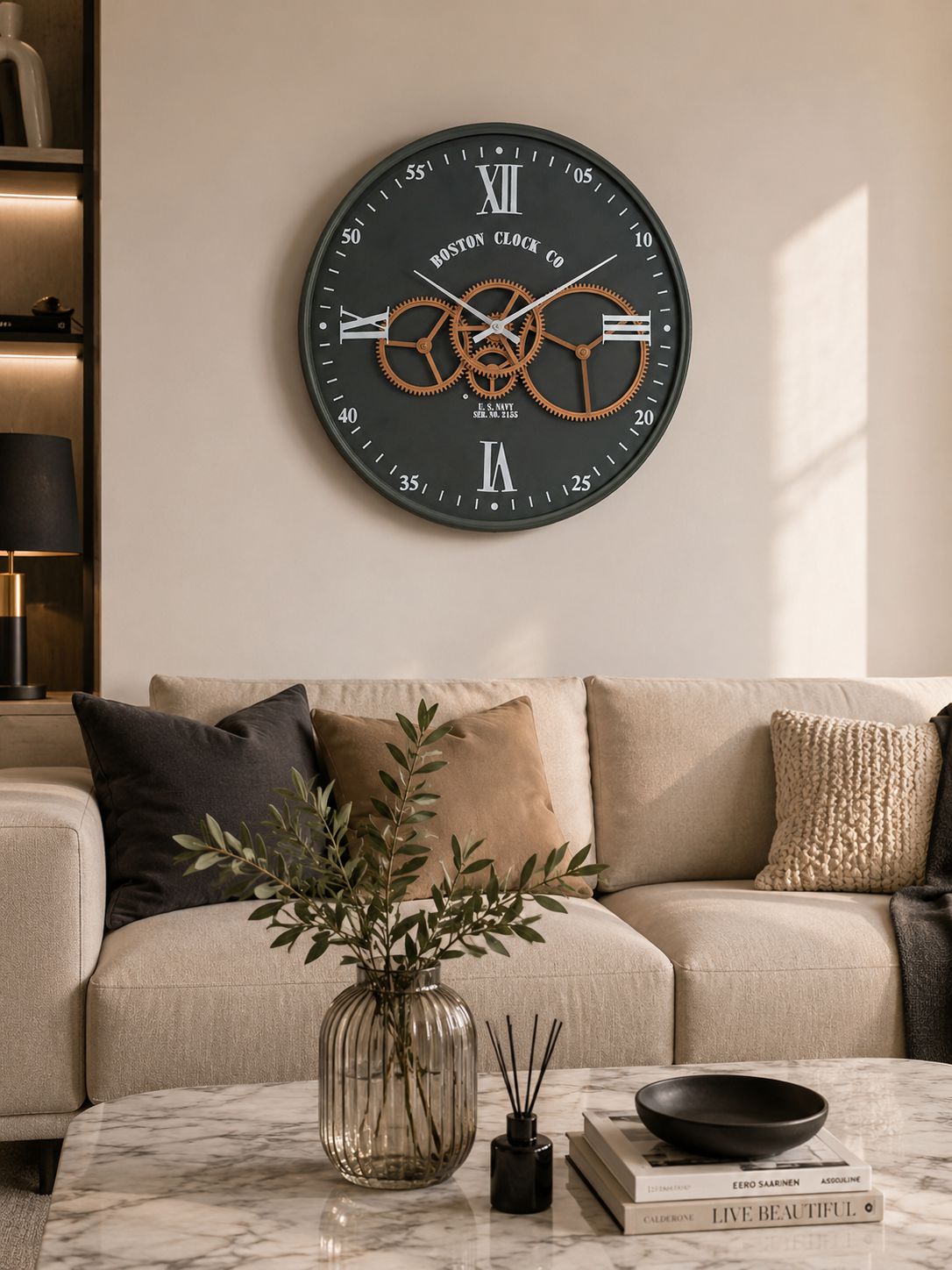Industrial moving gear wall clock displayed above luxury living room sofa