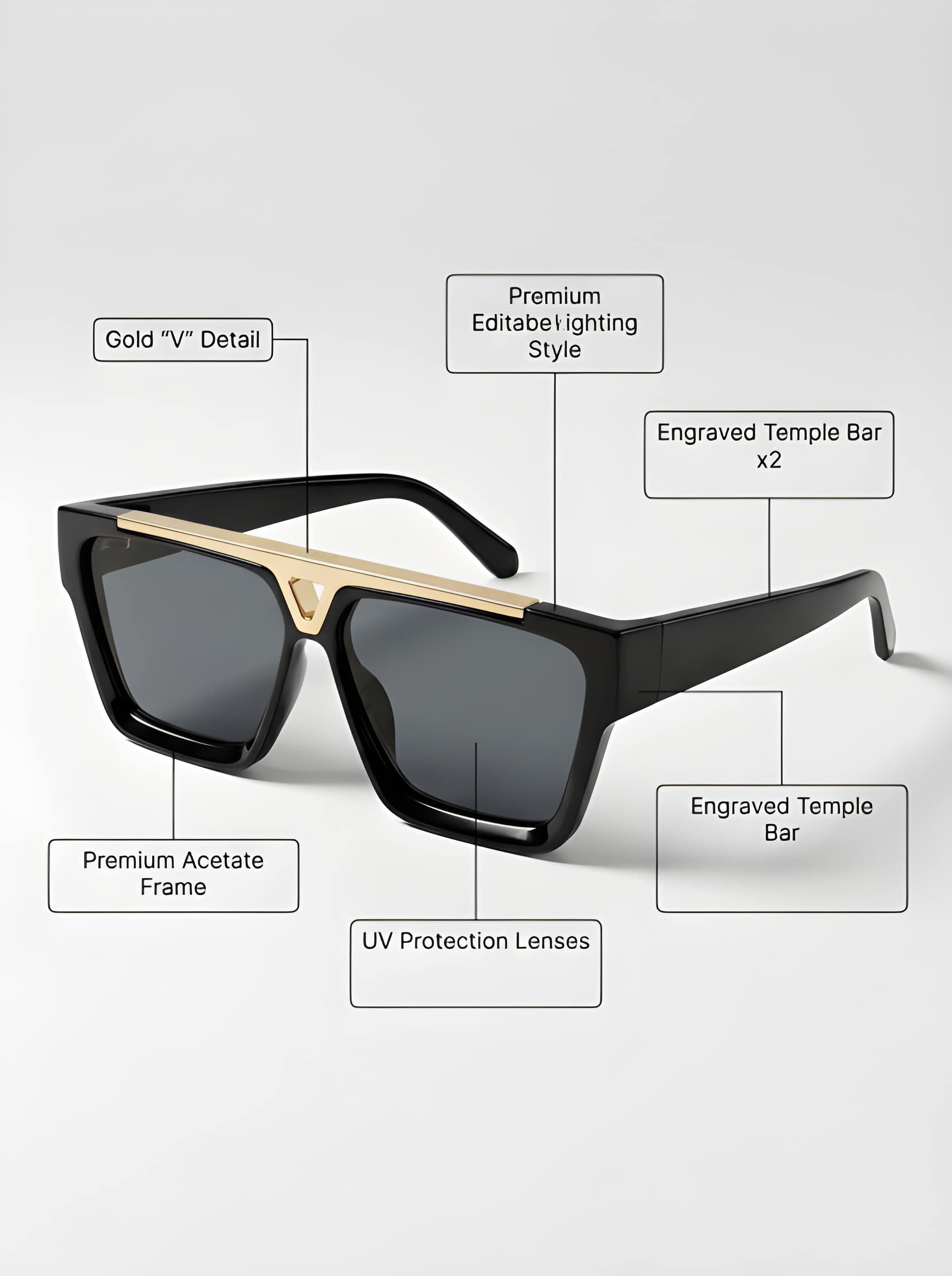 Infographic  Oversized UV protection sunglasses with premium acetate-style frame and gold accents