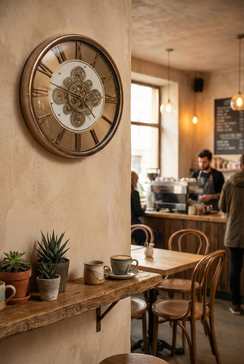 Interior of a cozy cafe with a large wall clock, wooden tables, and potted plants.