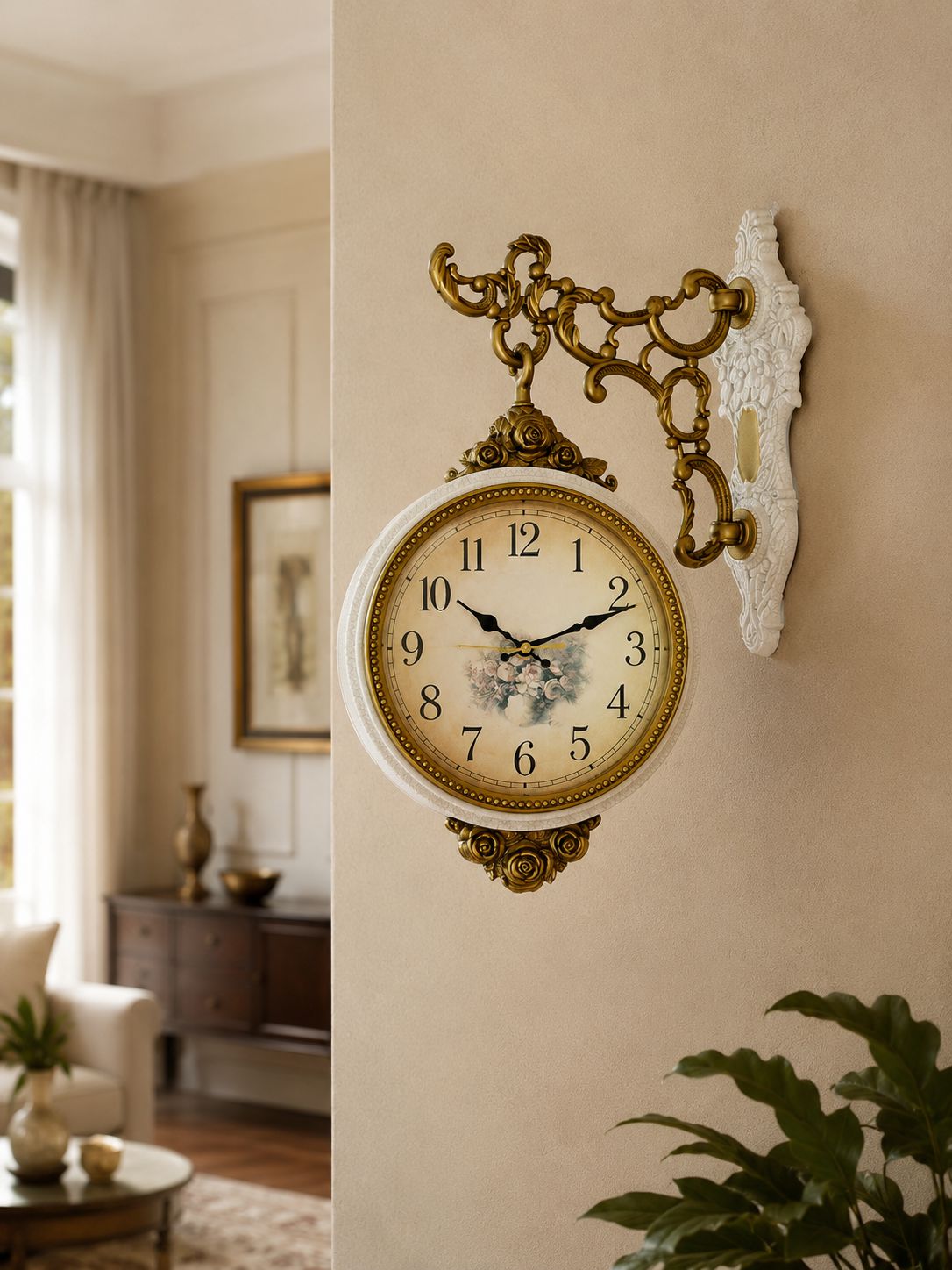 Ivory white vintage wall clock with Arabic numerals, floral dial design and antique gold frame