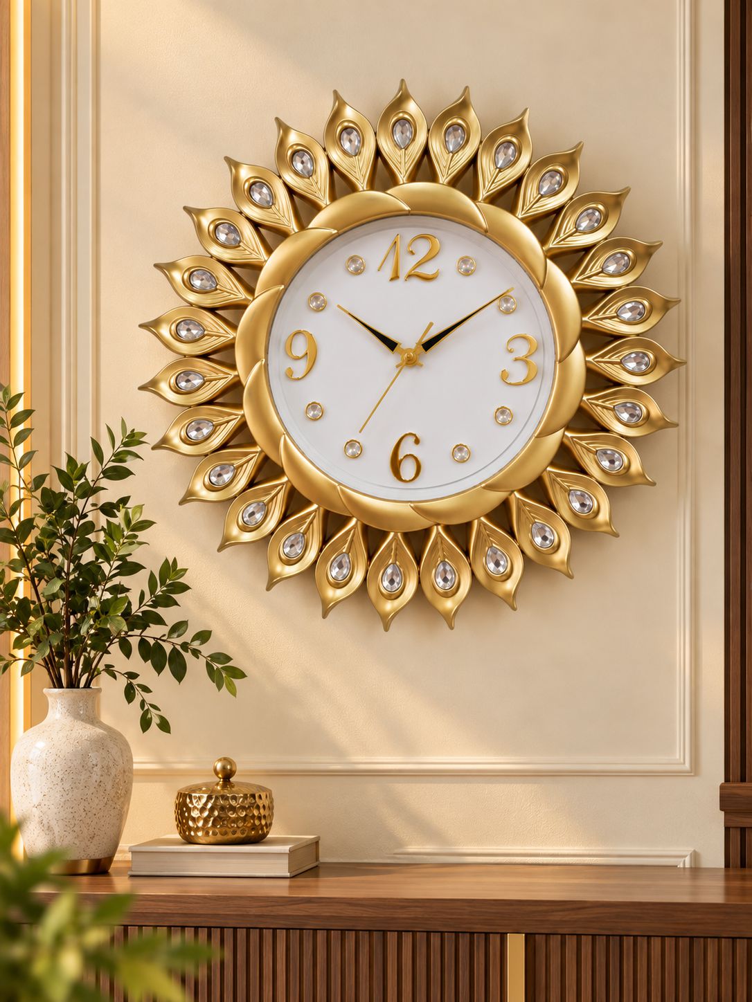 FunkyTradition Sun-Shaped Designer Wall Clock – Gold Decorative Clock with Crystal Details | Black, Golden, Rose Golden & Brown