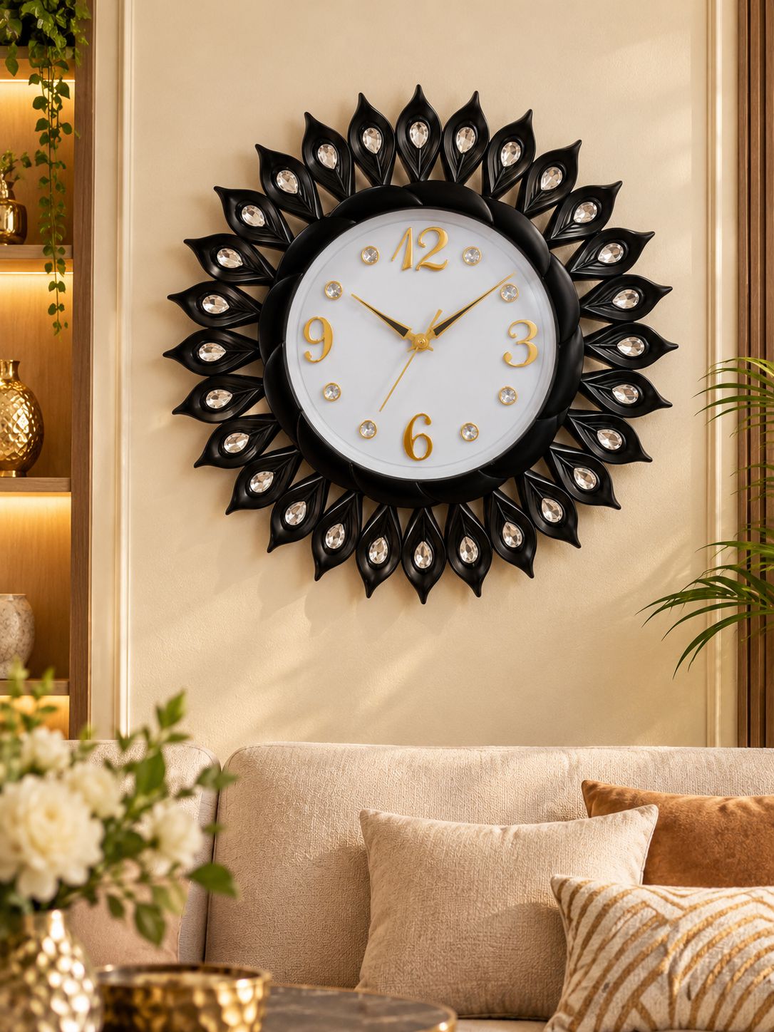 FunkyTradition Sun-Shaped Designer Wall Clock – Gold Decorative Clock with Crystal Details | Black, Golden, Rose Golden & Brown