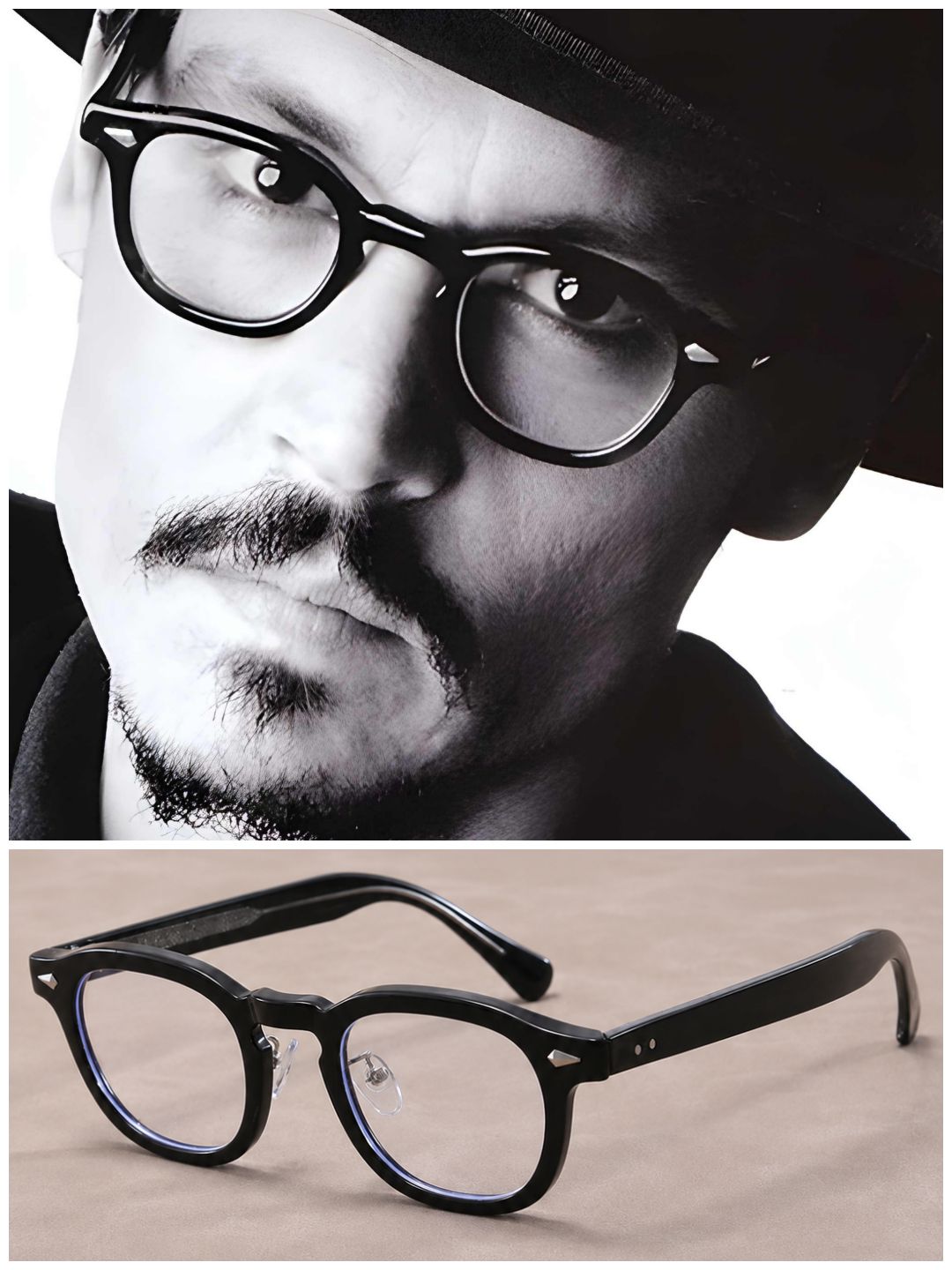 Johnny Depp inspired black eyeglasses product collage. A split image showing a black-rimmed eyeglass pair on a beige surface at the bottom, and the same eyeglasses worn by a man in a black-and-white portrait at the top.