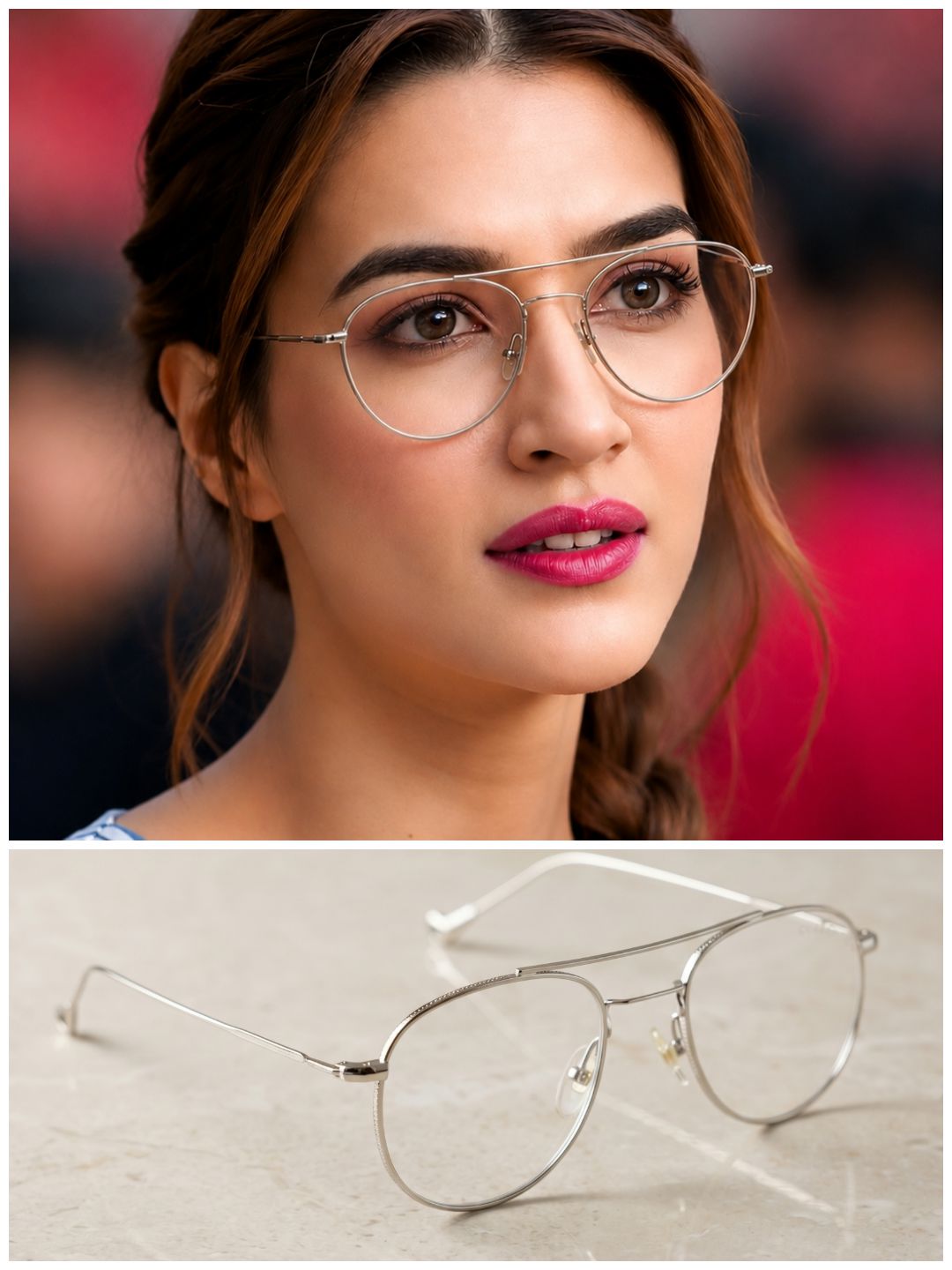 Kriti Senon Inpired Minimalist silver aviator eyeglasses with lightweight metal frame on clean background