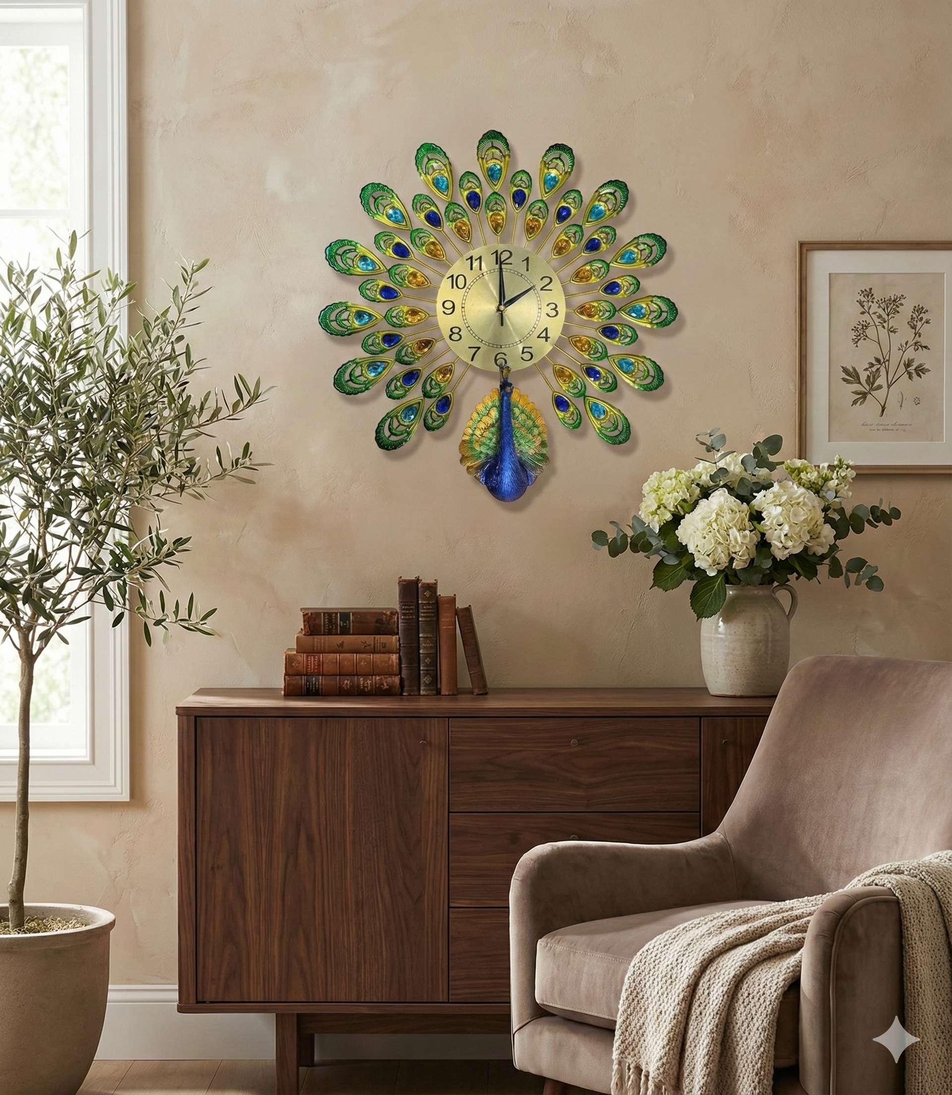 Royal Peacock Crystal Wall Clock – Large 3D Metal Art Decor for Living Room & Bedroom (55cm x 55cm)