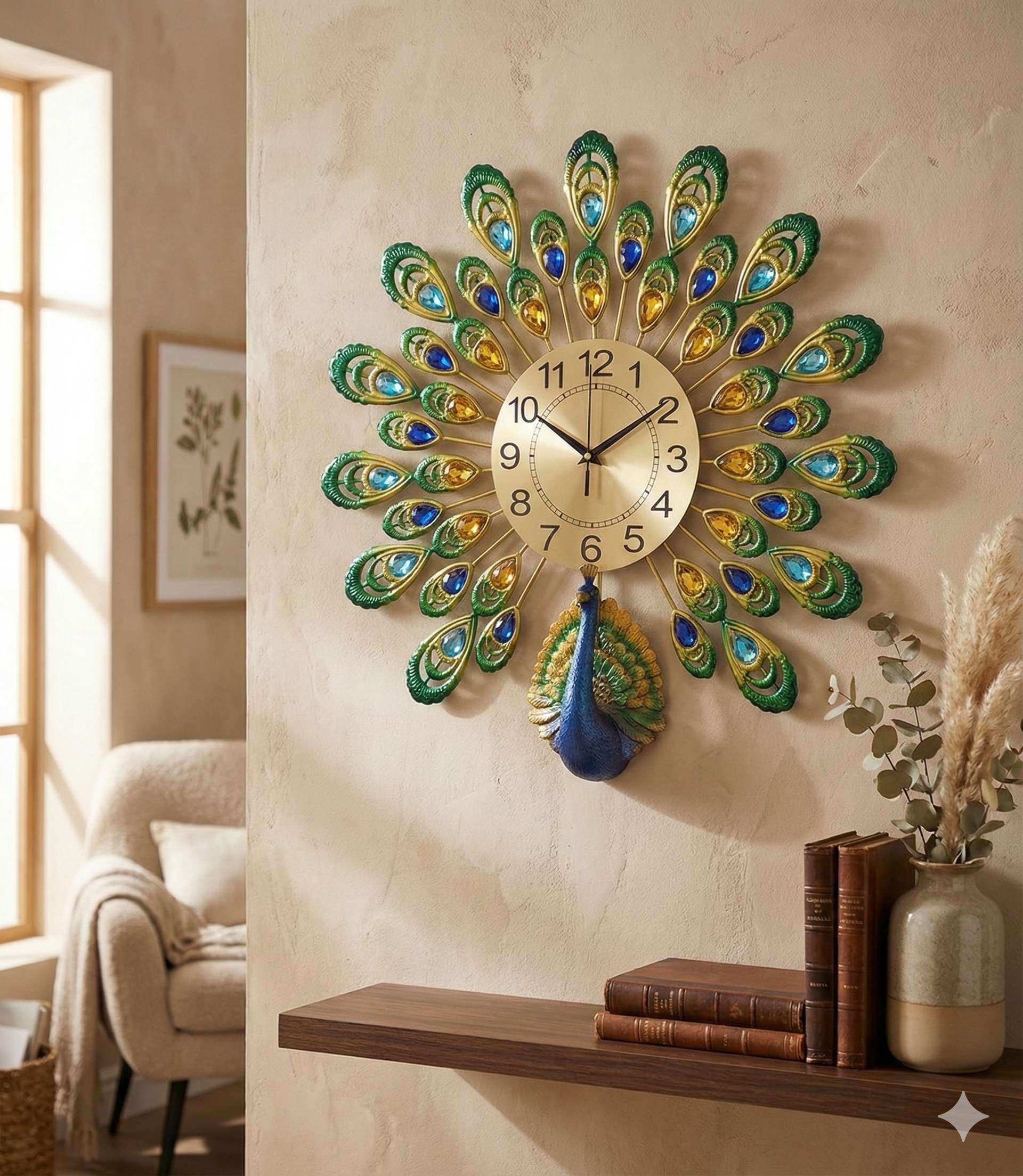 Royal Peacock Crystal Wall Clock – Large 3D Metal Art Decor for Living Room & Bedroom (55cm x 55cm)