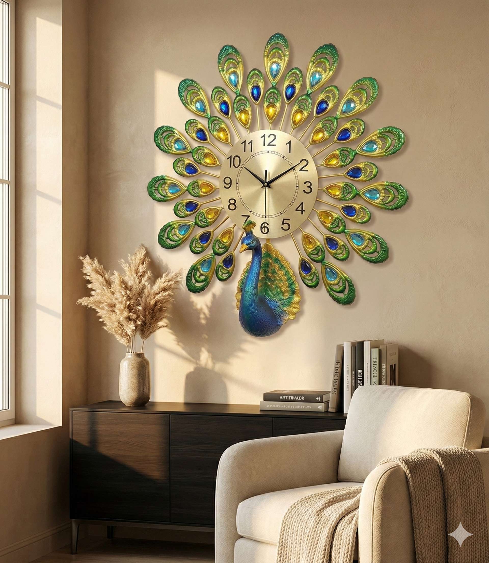 Royal Peacock Crystal Wall Clock – Large 3D Metal Art Decor for Living Room & Bedroom (55cm x 55cm)