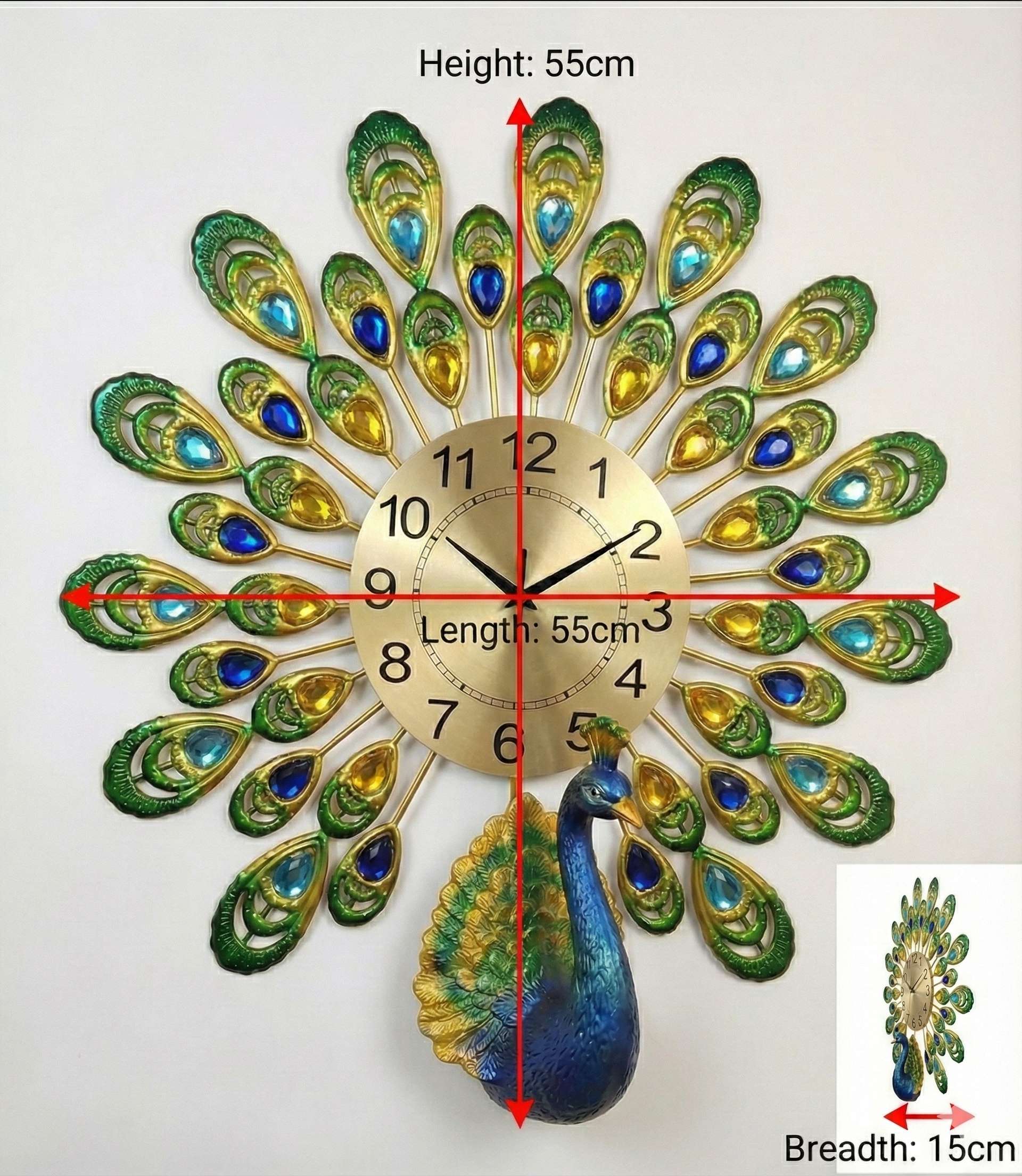 Royal Peacock Crystal Wall Clock – Large 3D Metal Art Decor for Living Room & Bedroom (55cm x 55cm)