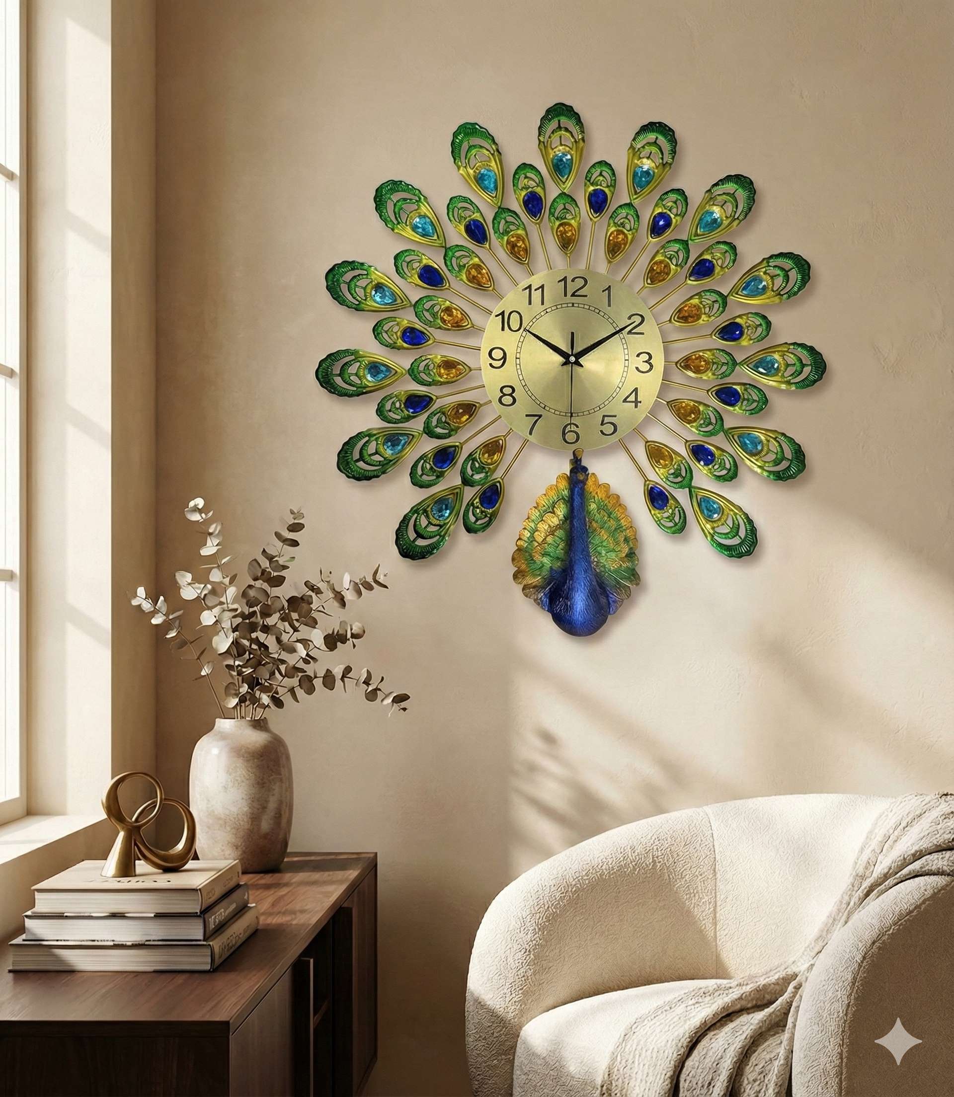 Royal Peacock Crystal Wall Clock – Large 3D Metal Art Decor for Living Room & Bedroom (55cm x 55cm)