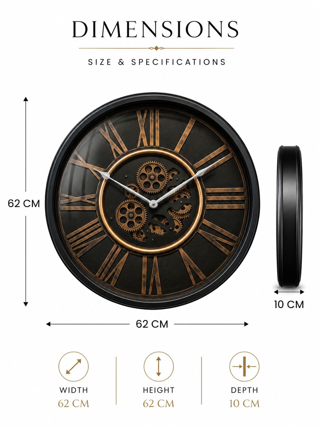 Large 62 CM Black Metal Moving Gear Wall Clock Size Specifications