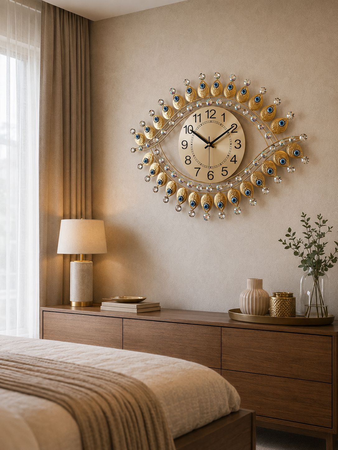 Large Evil Eye inspired gold wall clock above bedroom console with elegant home decor