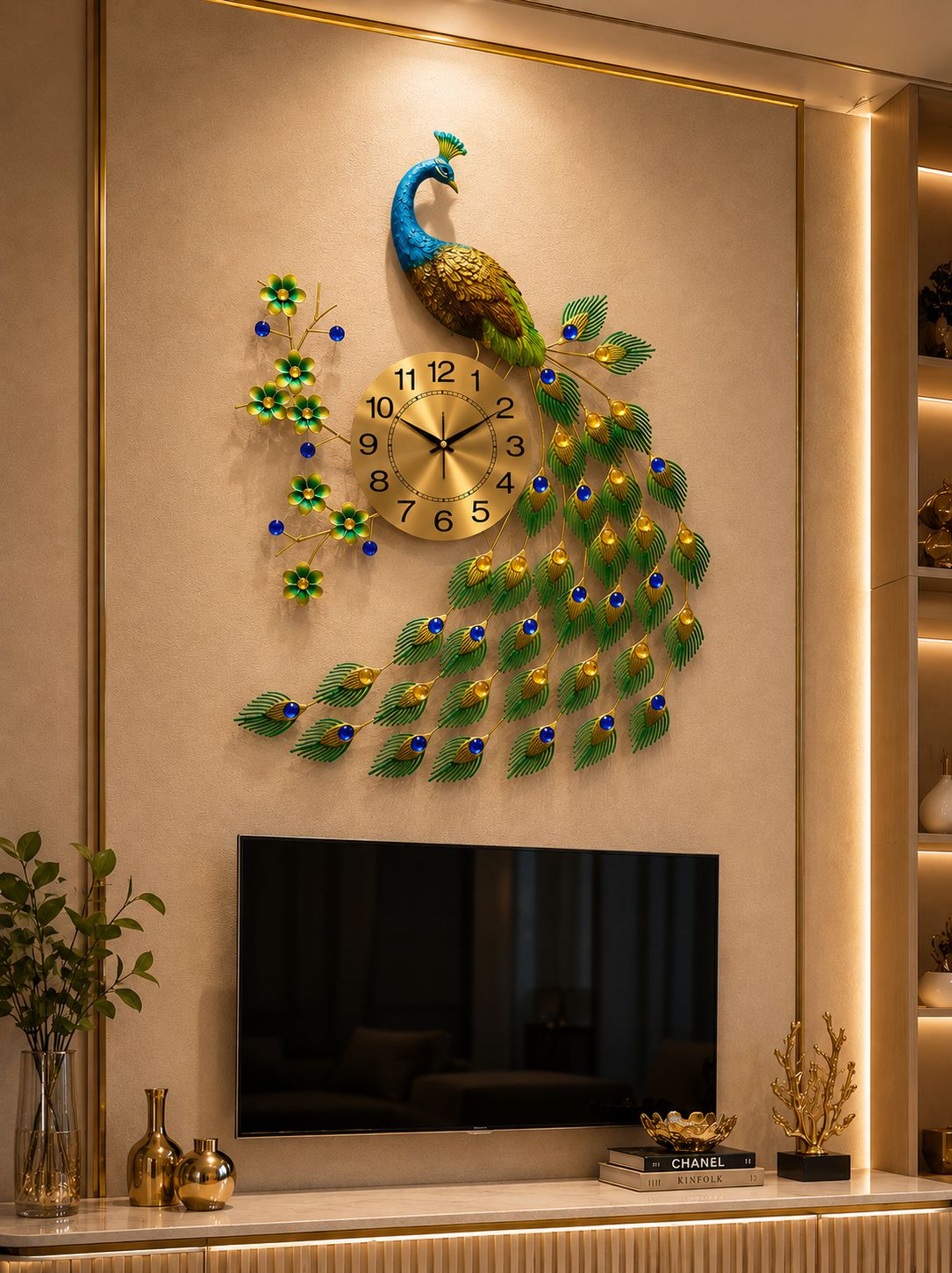 Large decorative peacock wall clock mounted above premium TV unit wall