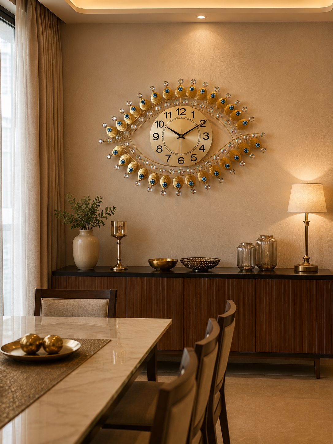 Large gold Evil Eye inspired decorative wall clock displayed in elegant dining room