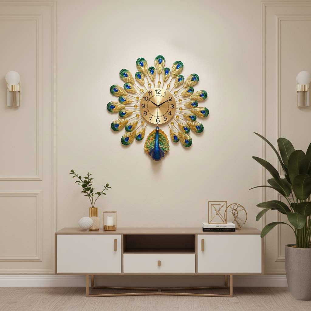 Large gold peacock wall clock hanging in a modern living room setting