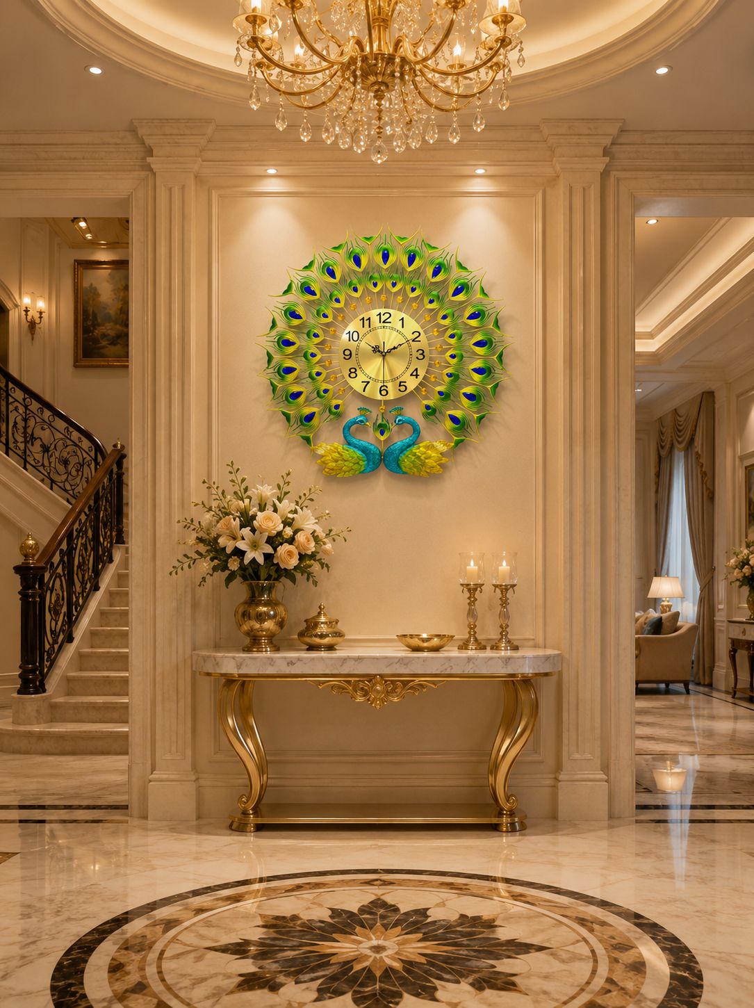 Large peacock wall clock showcased in premium entrance foyer interior