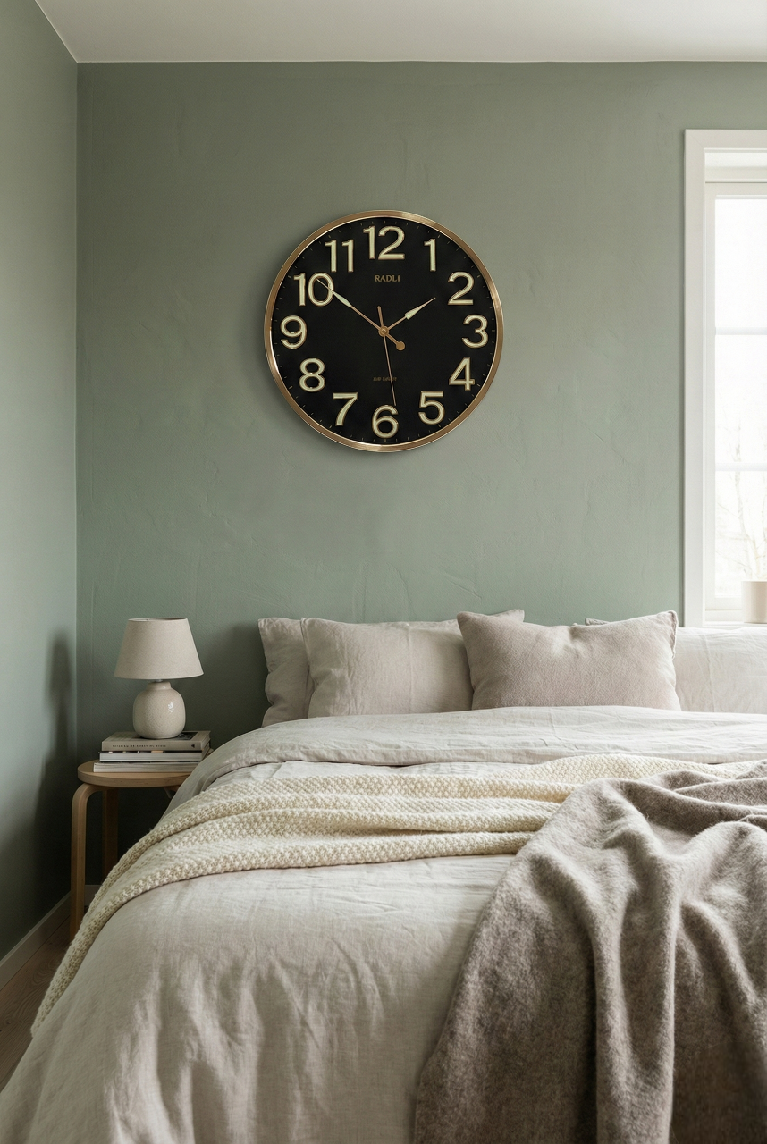 Large round wall clock on a green wall above a bed with neutral bedding.