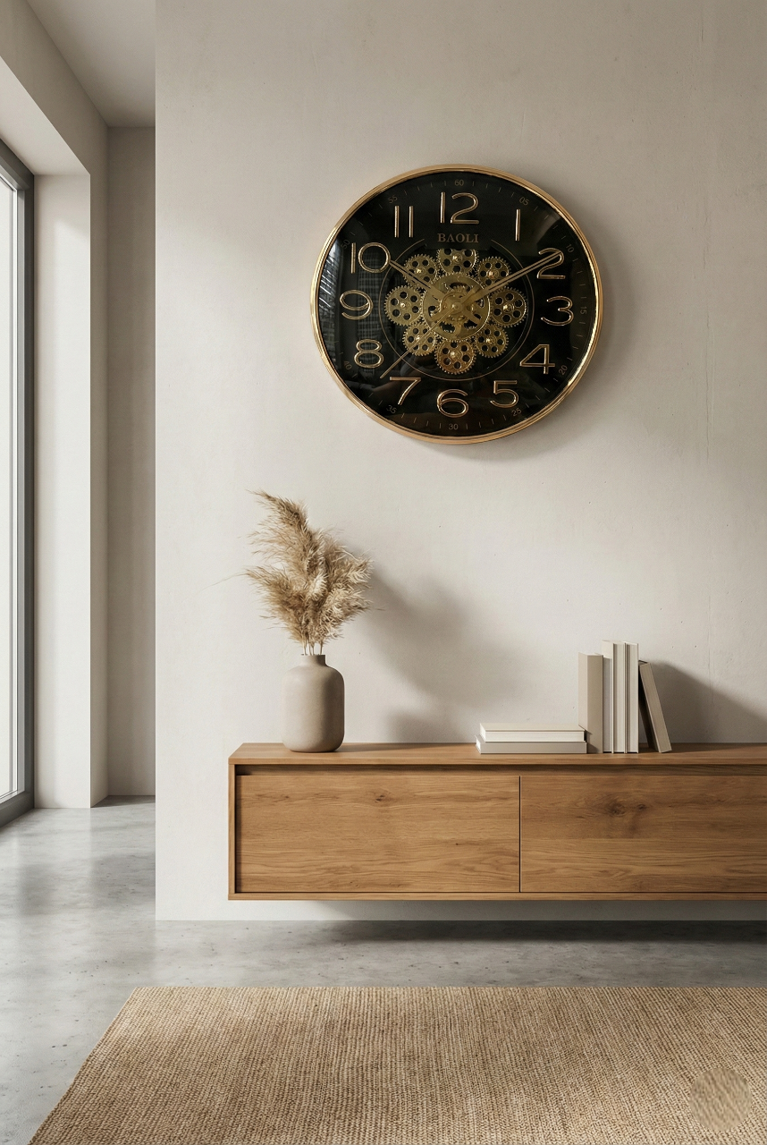 Large wall clock on a light wall above a wooden cabinet with decor items.