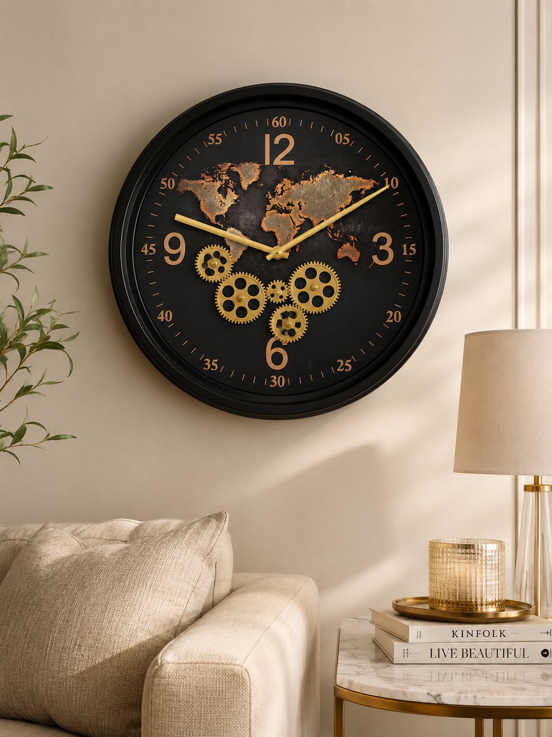 Large world map decorative wall clock above contemporary sofa setting