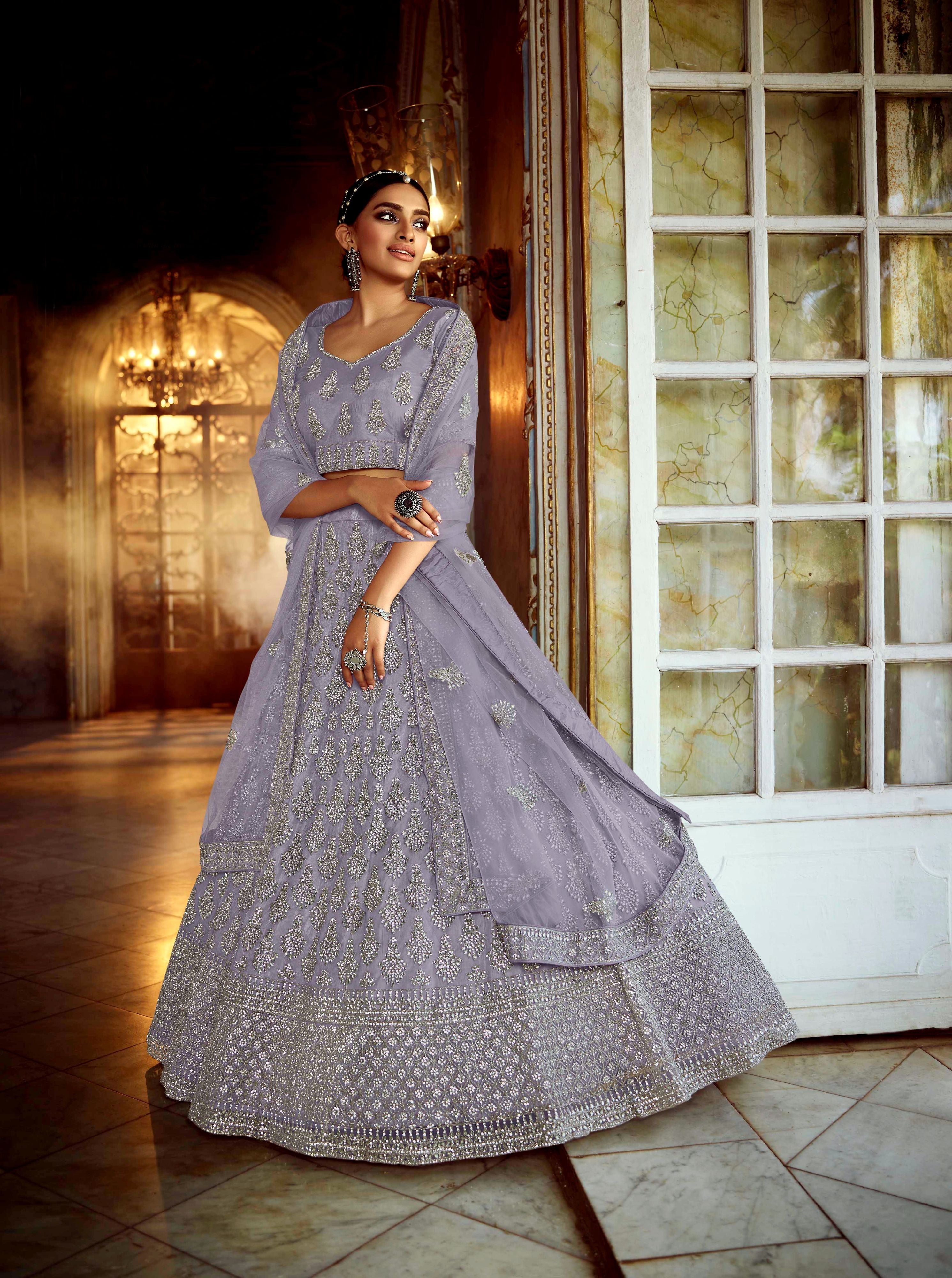 Light Lilac Zarkan Embroidered Semi Stitched Net Lehenga-Choli with Stone Detailing - FunkyTradition