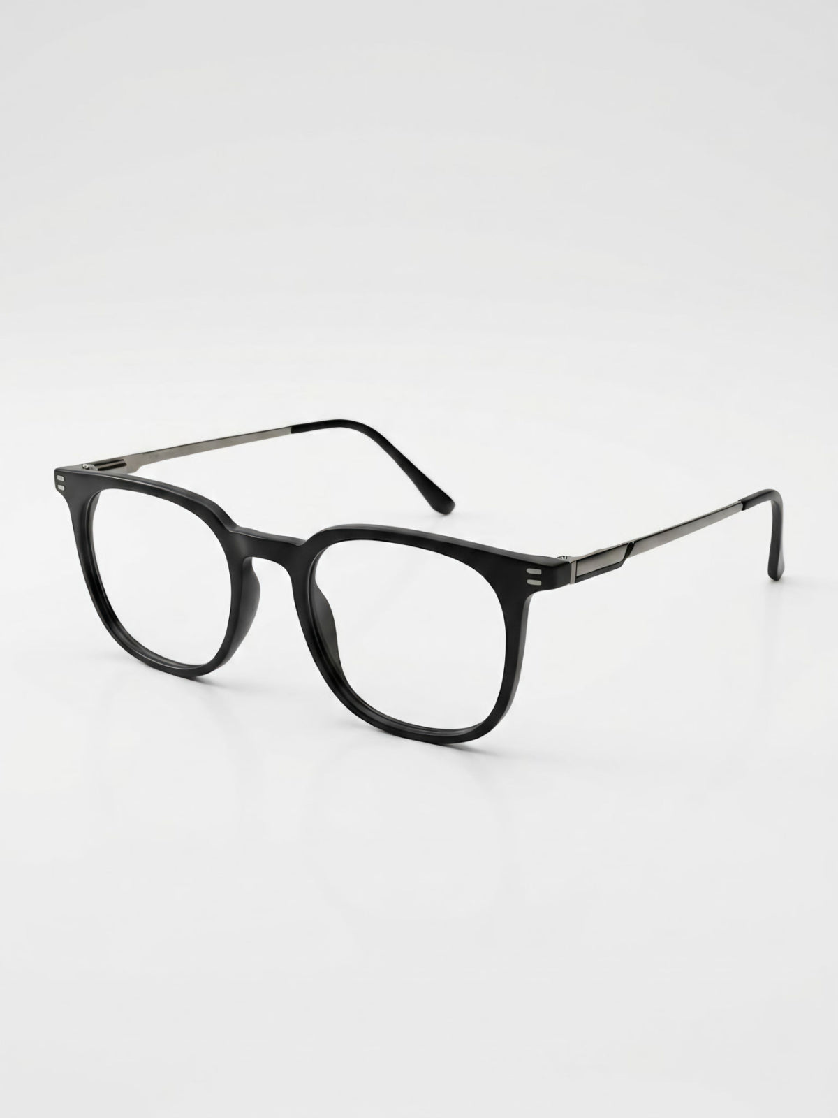 Lightweight black eyeglasses with metal temple construction