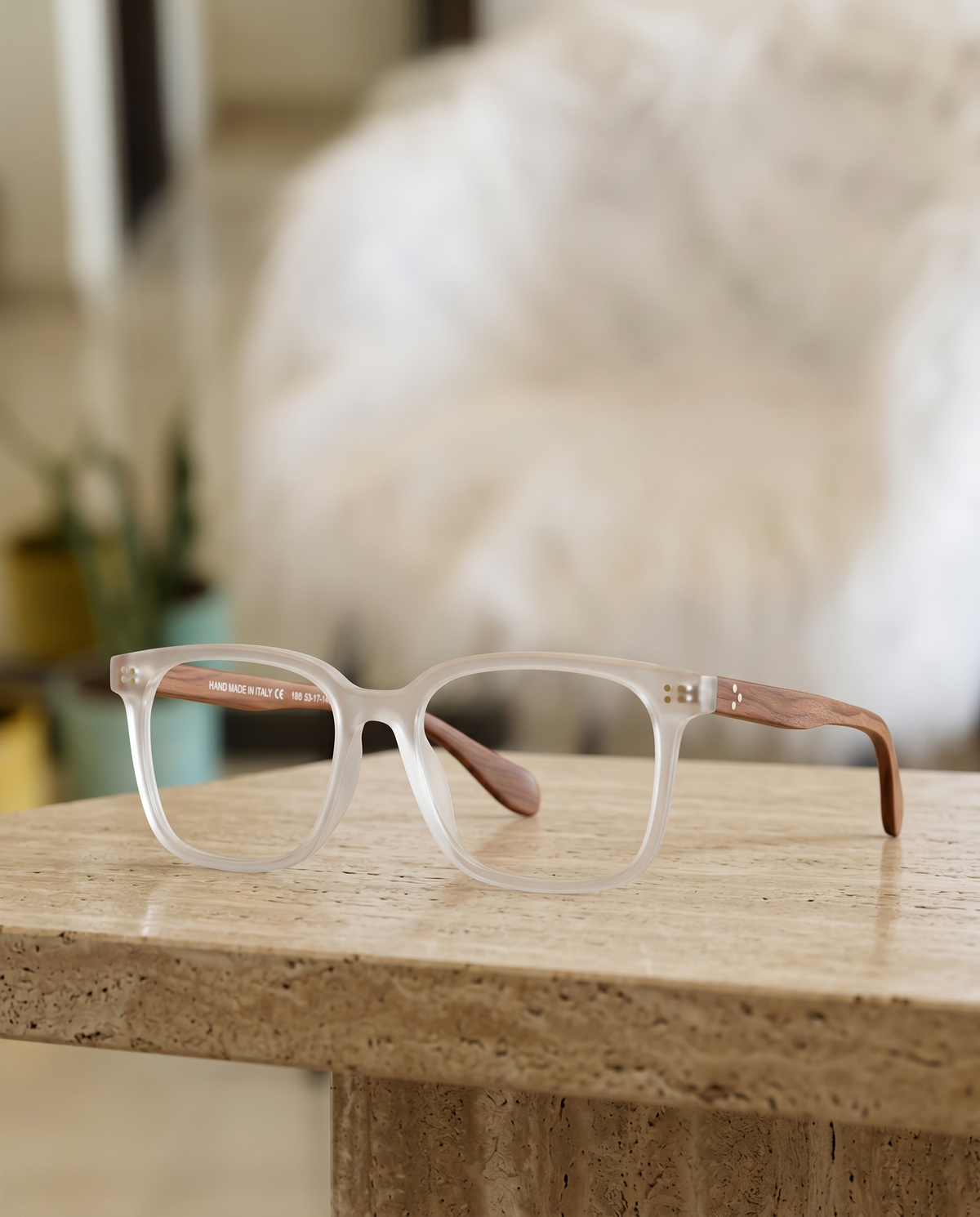 Lightweight square prescription-ready eyeglasses with wood temples