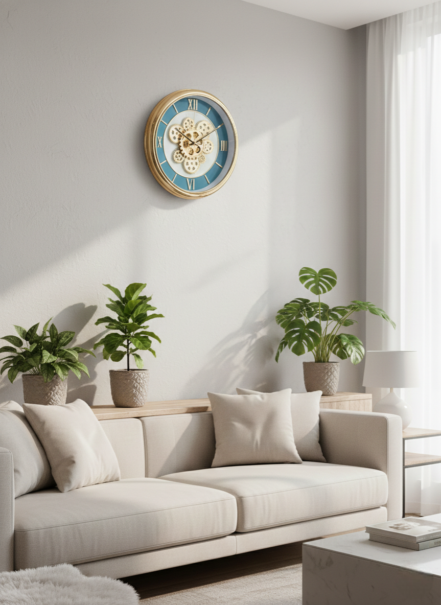 Living room with a beige sofa, decorative plants, and a wall clock.