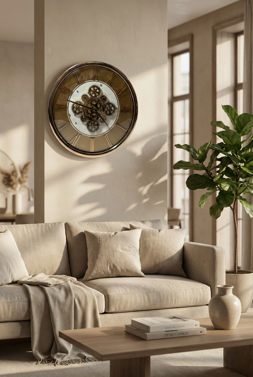 Living room with a beige sofa, wooden coffee table, and decorative wall clock.