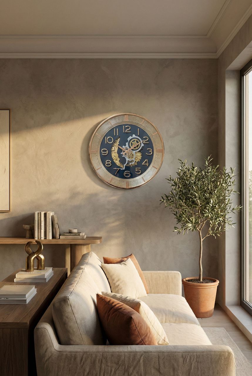 Living room with a large wall clock, sofa, and decorative items.