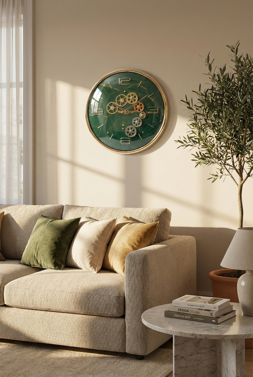Living room with beige sofa, decorative pillows, and a wall clock with gear design.
