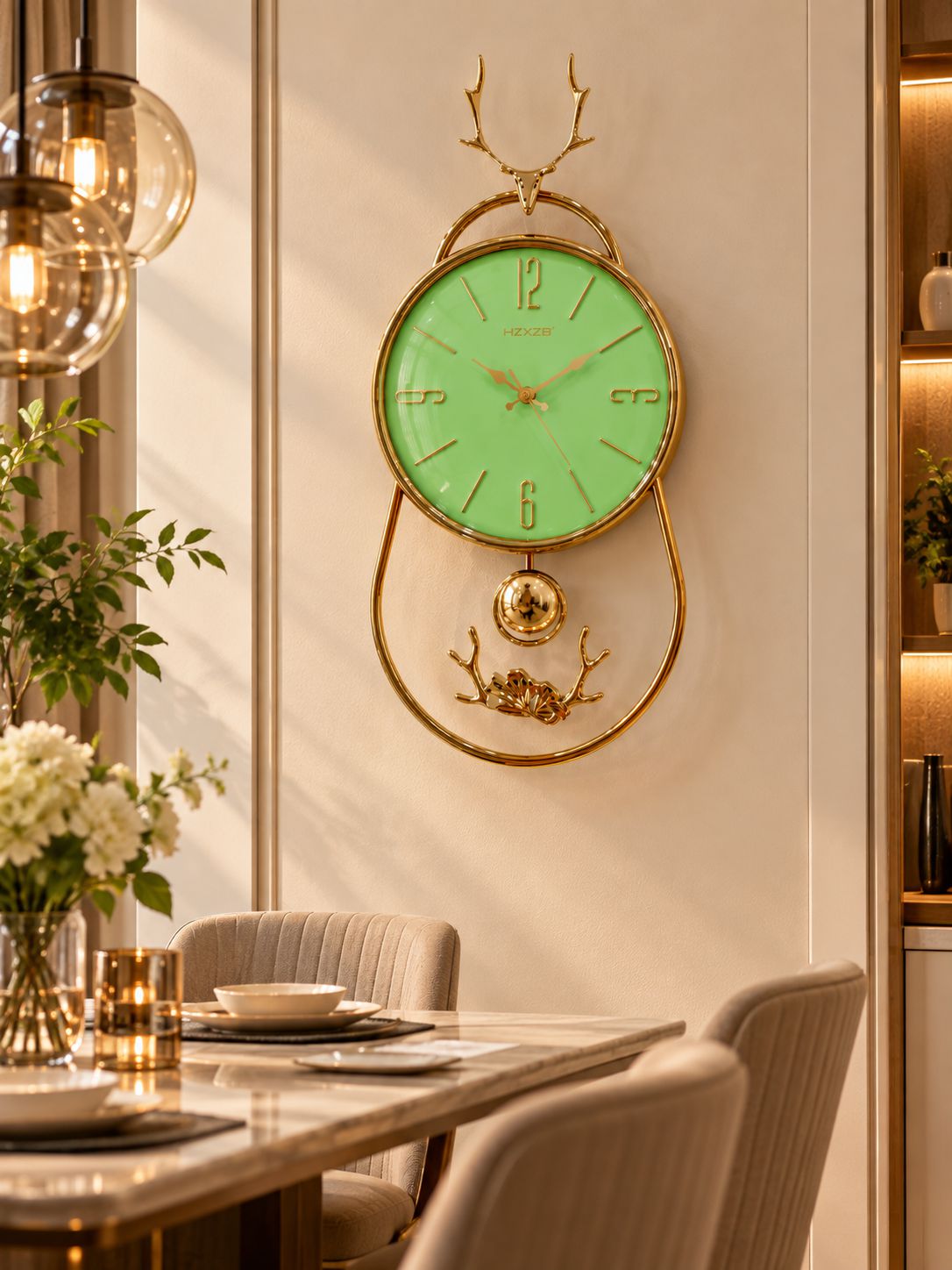 FunkyTradition Reindeer Pendulum Wall Clock – Gold Decorative Wall Clock with Working Pendulum | White, Blue & Green