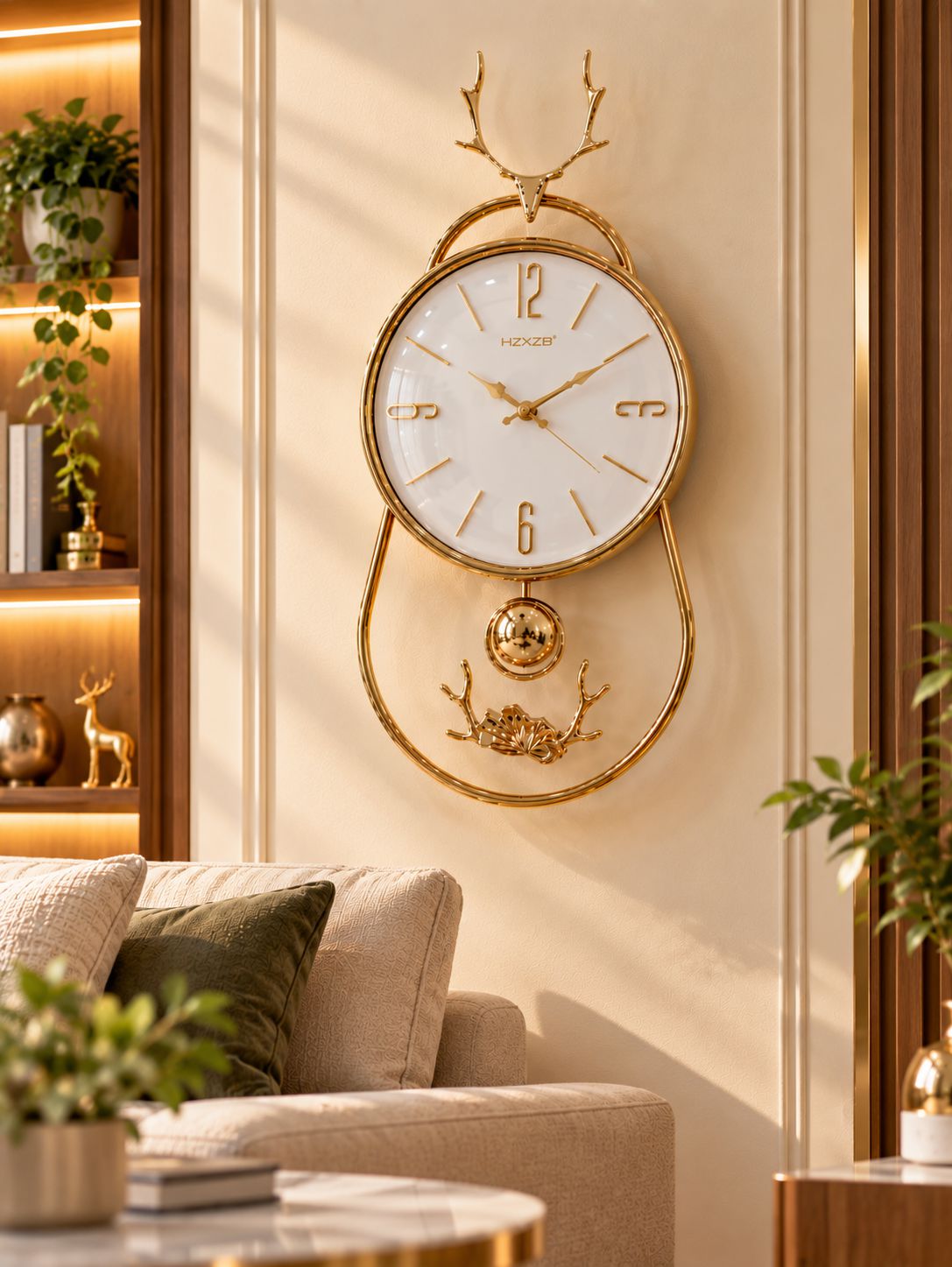 FunkyTradition Reindeer Pendulum Wall Clock – Gold Decorative Wall Clock with Working Pendulum | White, Blue & Green