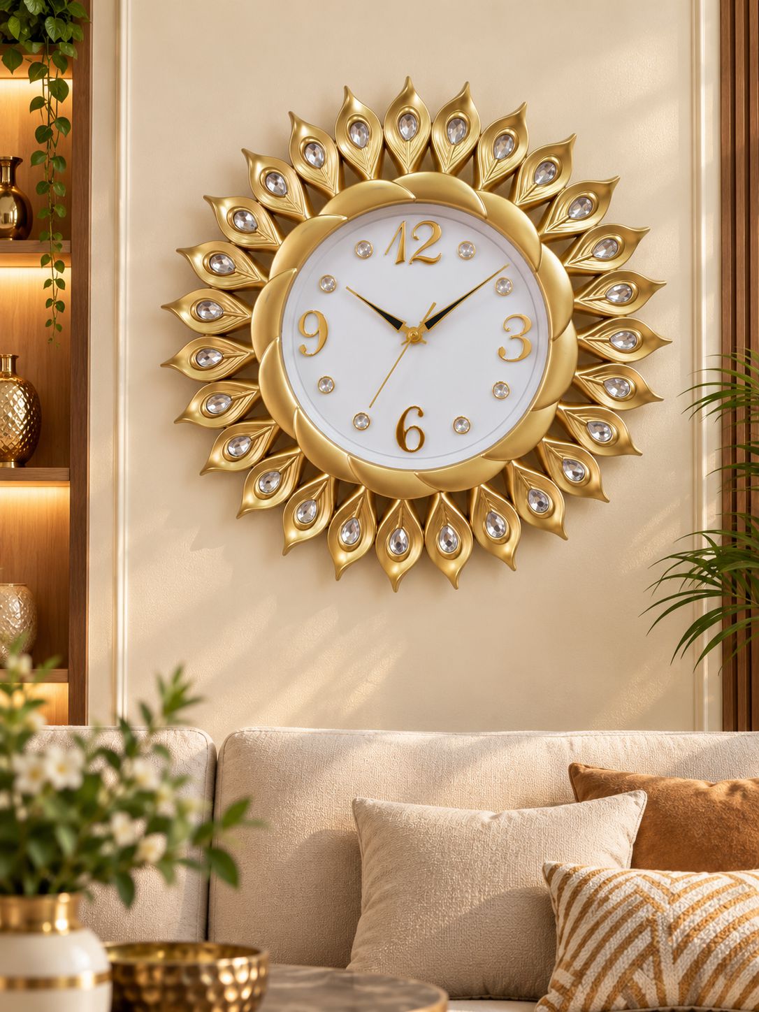 FunkyTradition Sun-Shaped Designer Wall Clock – Gold Decorative Clock with Crystal Details | Black, Golden, Rose Golden & Brown