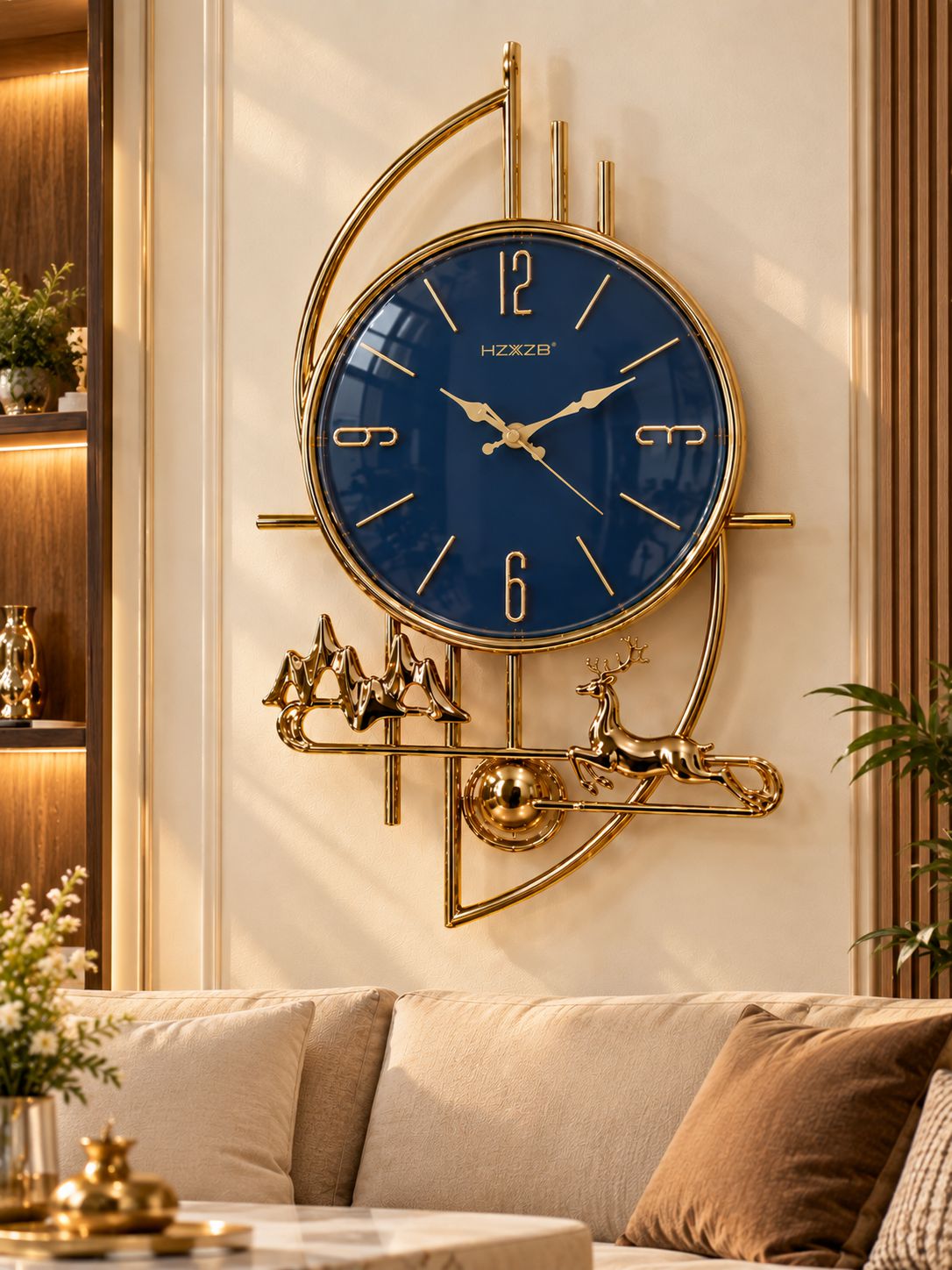 FunkyTradition Gold Reindeer & Mountain Pendulum Wall Clock – Luxury Designer Wall Clock with Glass Dial