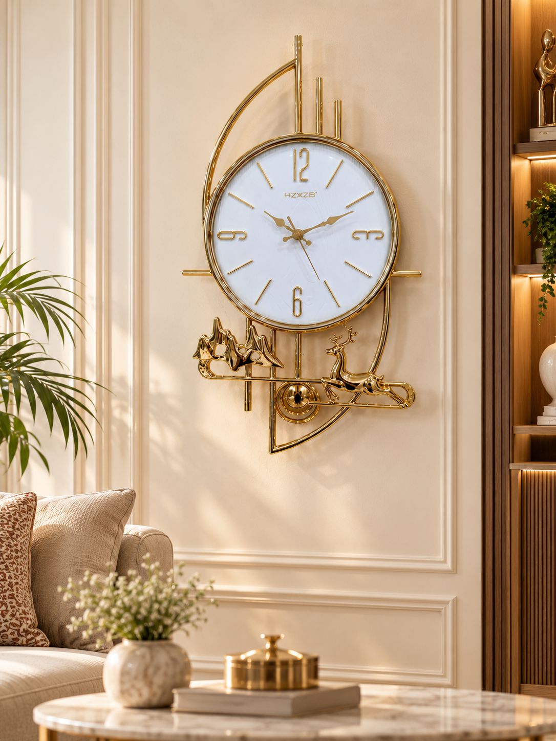 FunkyTradition Gold Reindeer & Mountain Pendulum Wall Clock – Luxury Designer Wall Clock with Glass Dial