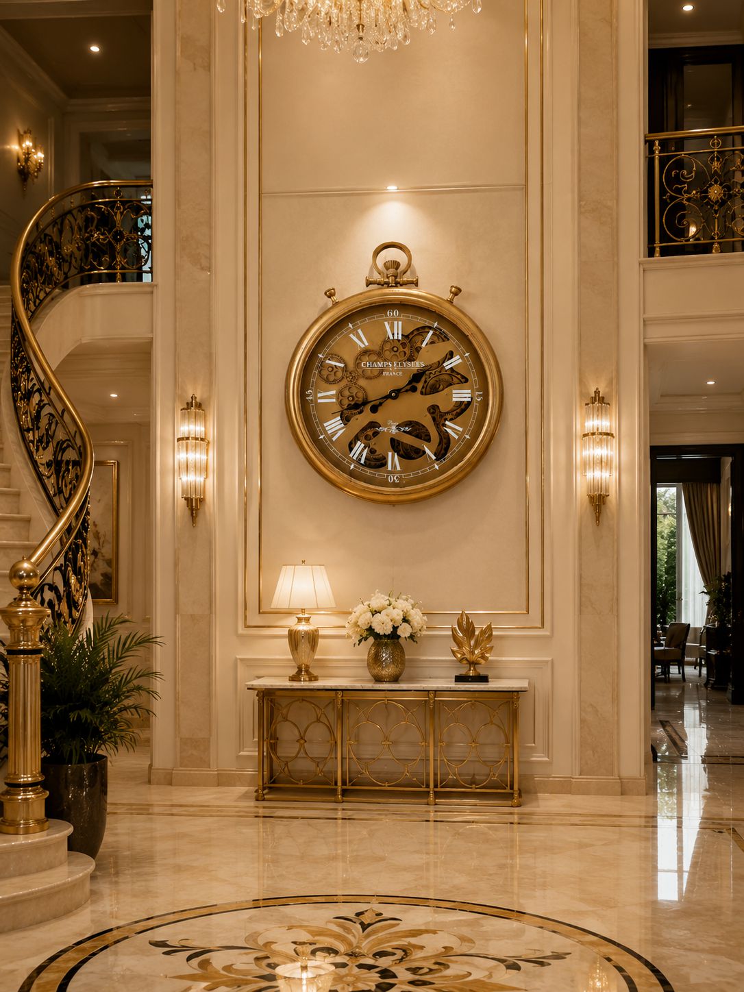 Luxurious interior with a large wall clock, staircase, and decorative elements.
