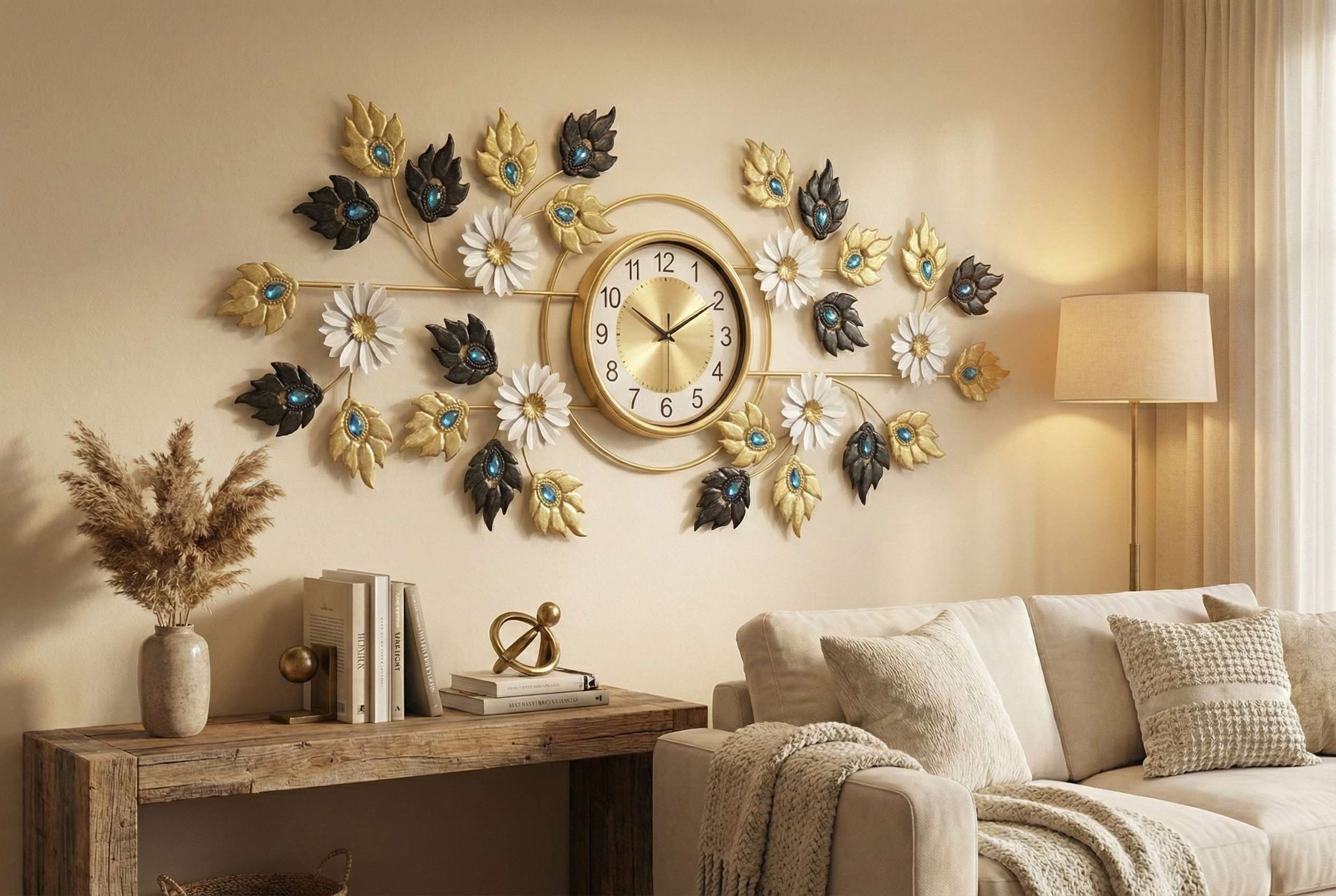 Luxurious metal wall art clock hanging above wooden console table with pampas grass decor