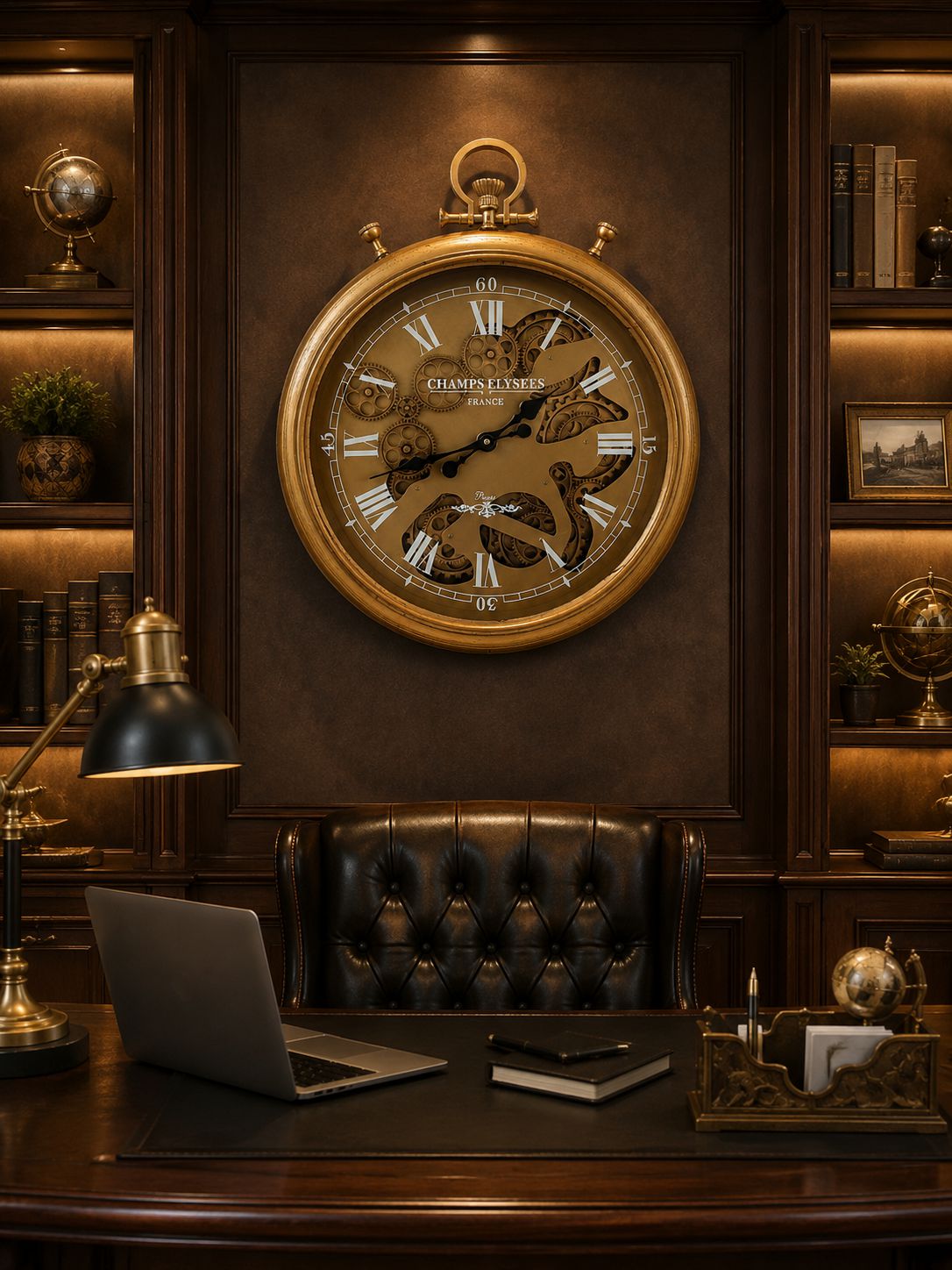 Luxurious office with a large clock on the wall, leather chair, and desk setup.