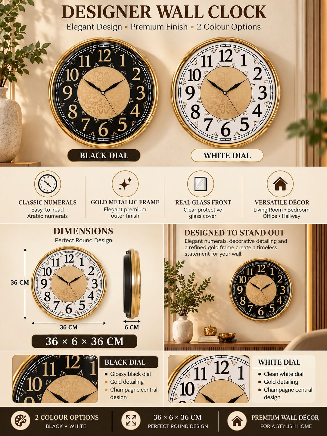 FunkyTradition Designer Wall Clock – Gold Frame with Decorative Dial | Black & White