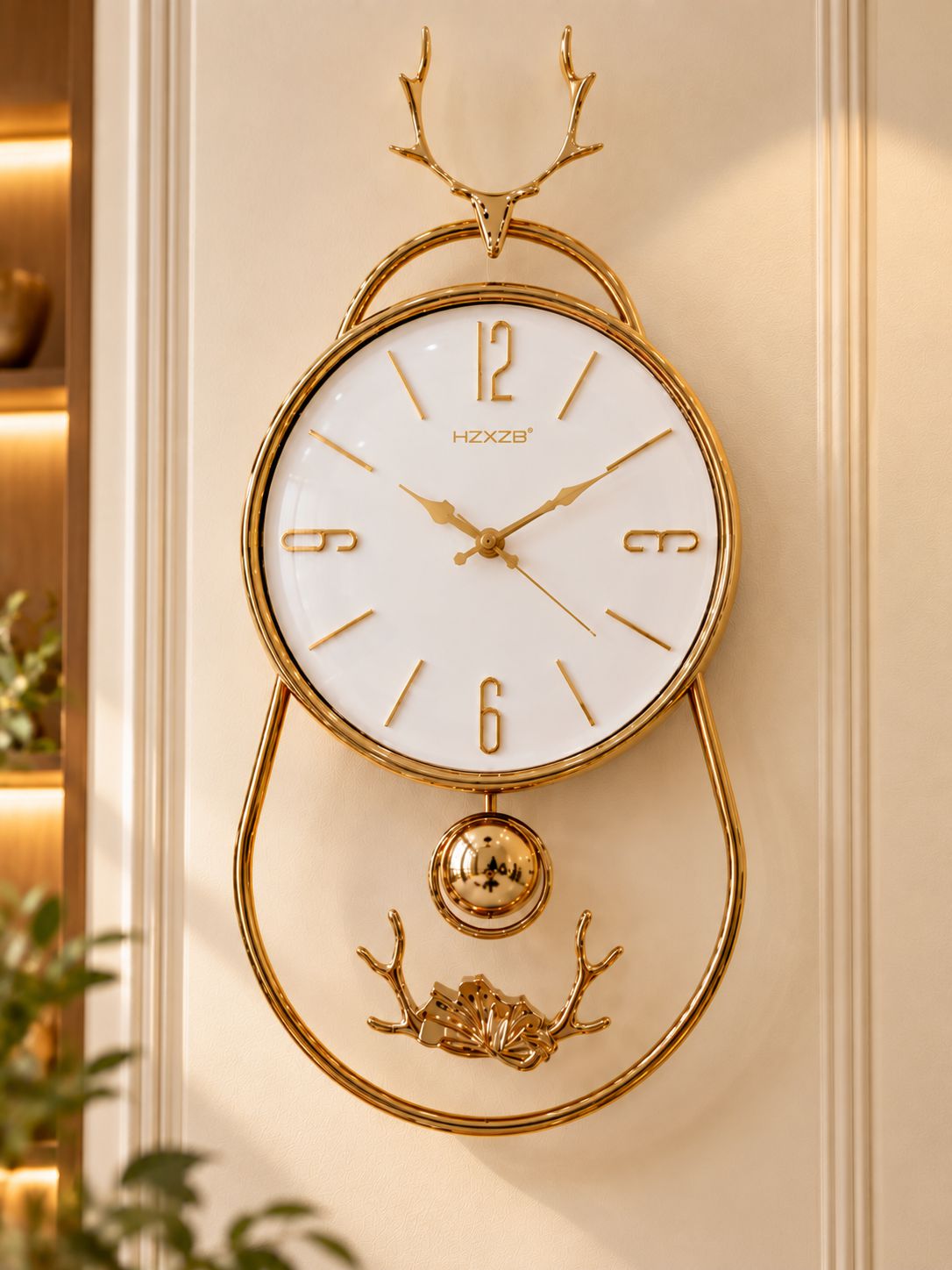 FunkyTradition Reindeer Pendulum Wall Clock – Gold Decorative Wall Clock with Working Pendulum | White, Blue & Green
