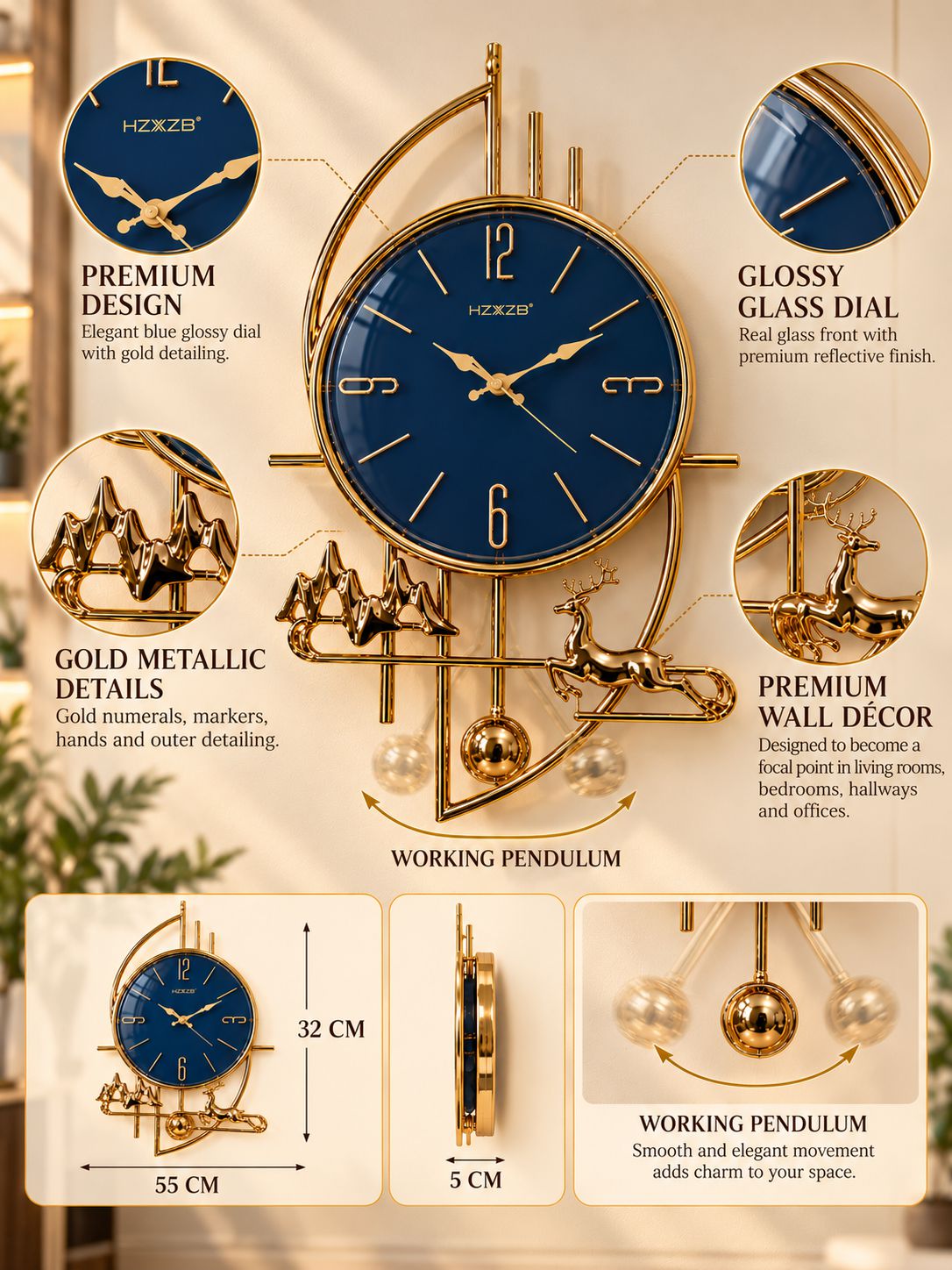 FunkyTradition Gold Reindeer & Mountain Pendulum Wall Clock – Luxury Designer Wall Clock with Glass Dial