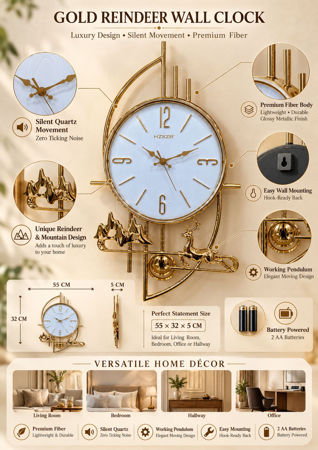 FunkyTradition Gold Reindeer & Mountain Pendulum Wall Clock – Luxury Designer Wall Clock with Glass Dial