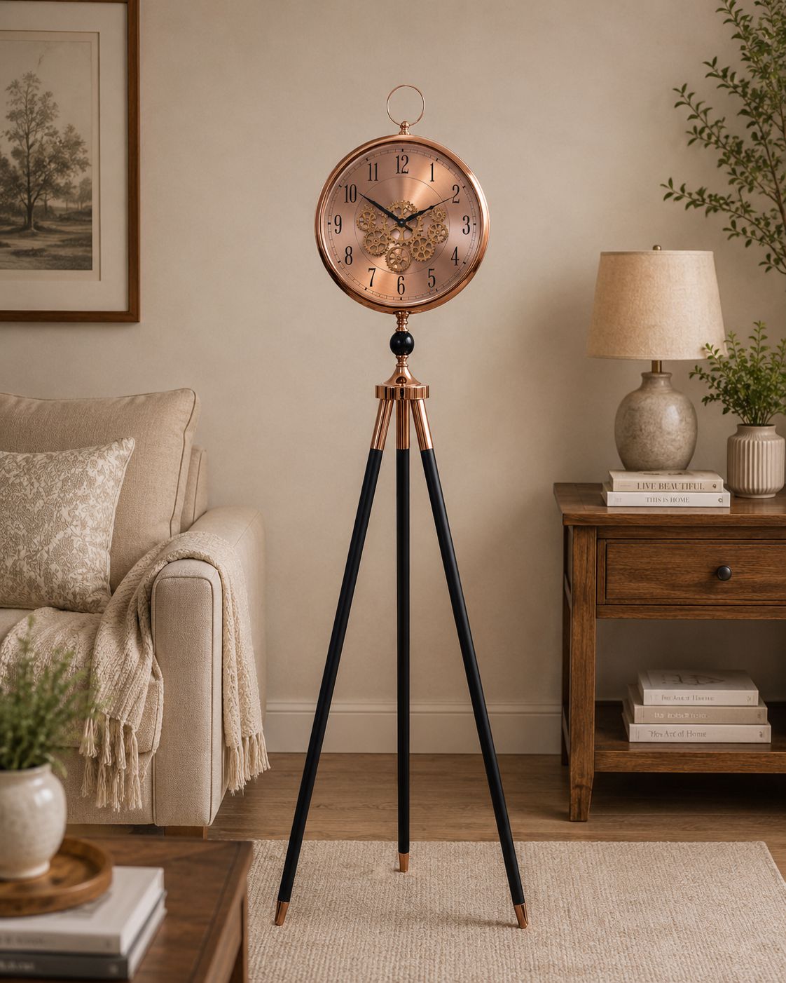 A freestanding floor clock with a round copper-toned face, black tripod legs, and a butterfly motif on the center column, styled in a warm living room setting.