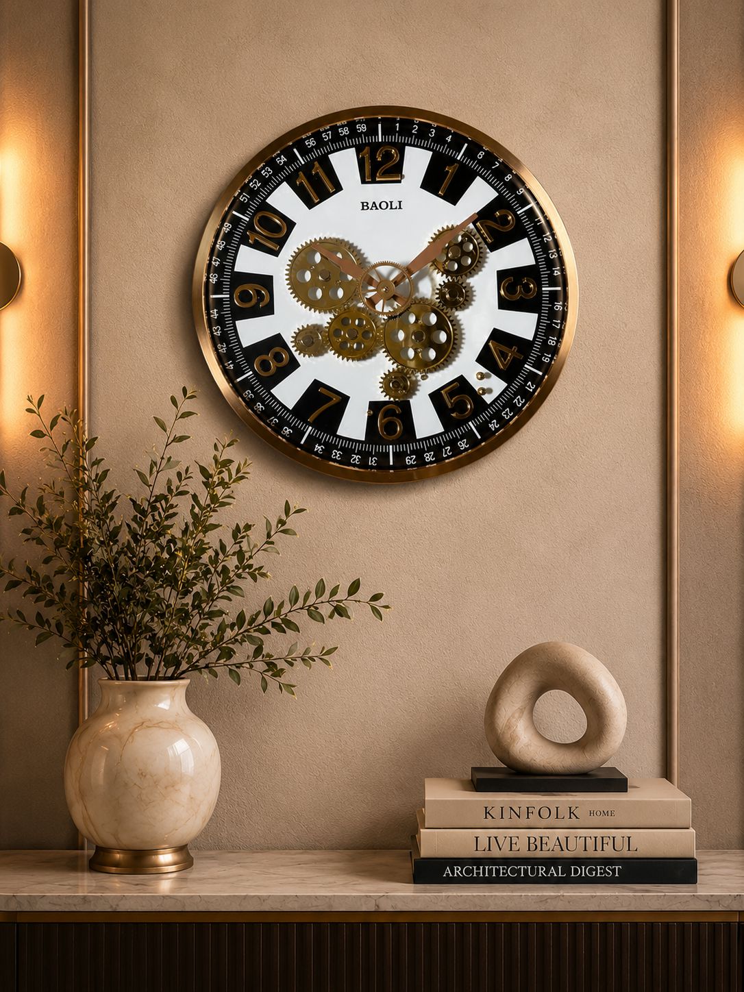 Luxury 14 inch moving gear wall clock with premium fiber body mounted on elegant beige feature wall