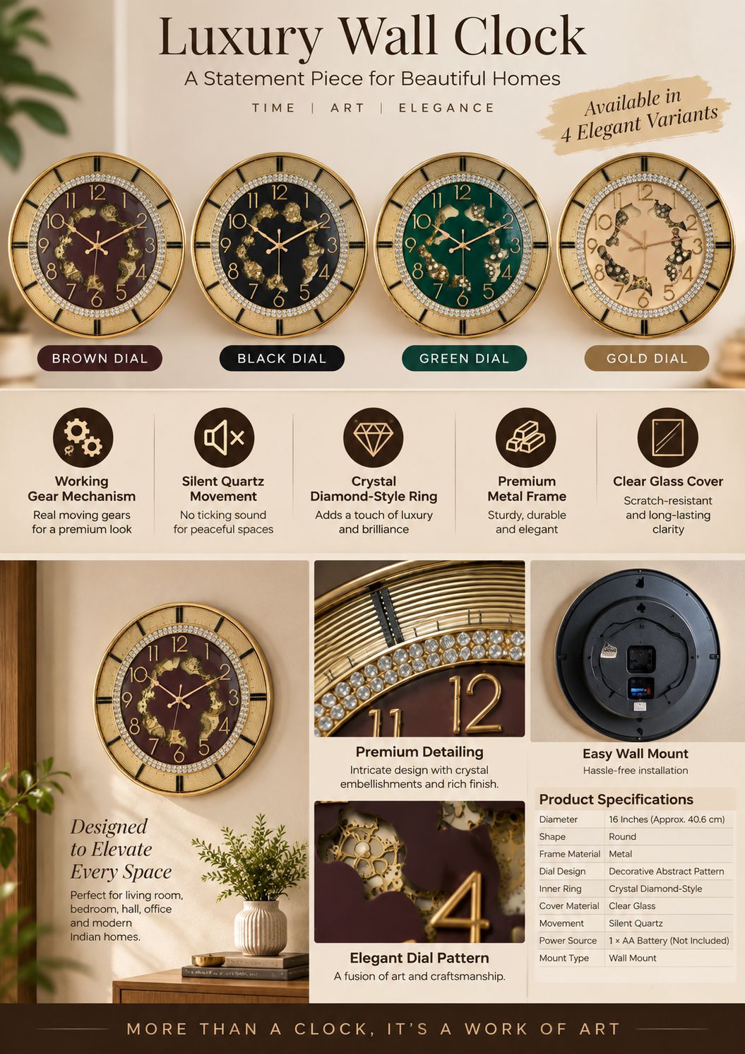Luxury 16-inch designer wall clock infographic featuring four dial color variants—brown, black, green and gold—with gold metallic frames, crystal diamond-style rings, working gear mechanisms, silent quartz movement, clear glass cover, product details, dimensions and lifestyle display.