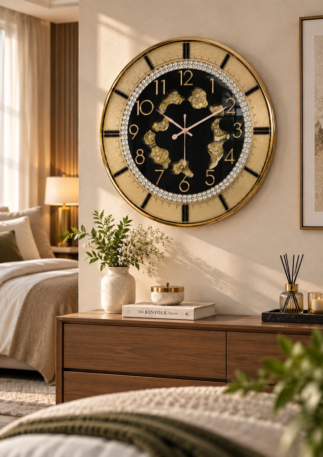 Luxury 16 inch Black wall clock with working visible gear mechanism, crystal ring and gold numerals in modern bedroom
