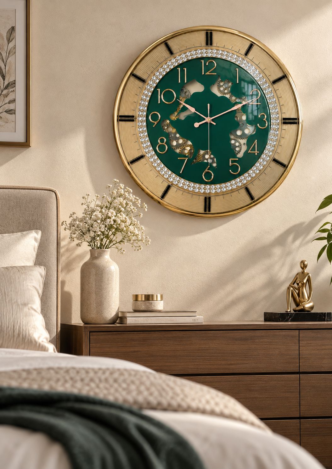 Luxury 16 inch green wall clock with working visible gear mechanism, crystal ring and gold numerals in modern bedroom
